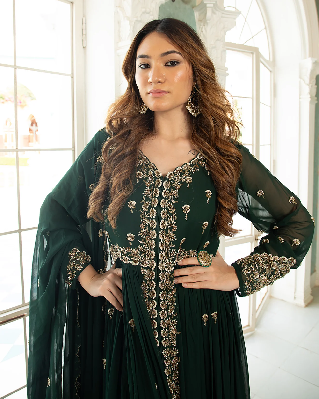 Clover Green Embroidered Front Slit Suit Set - Image 3