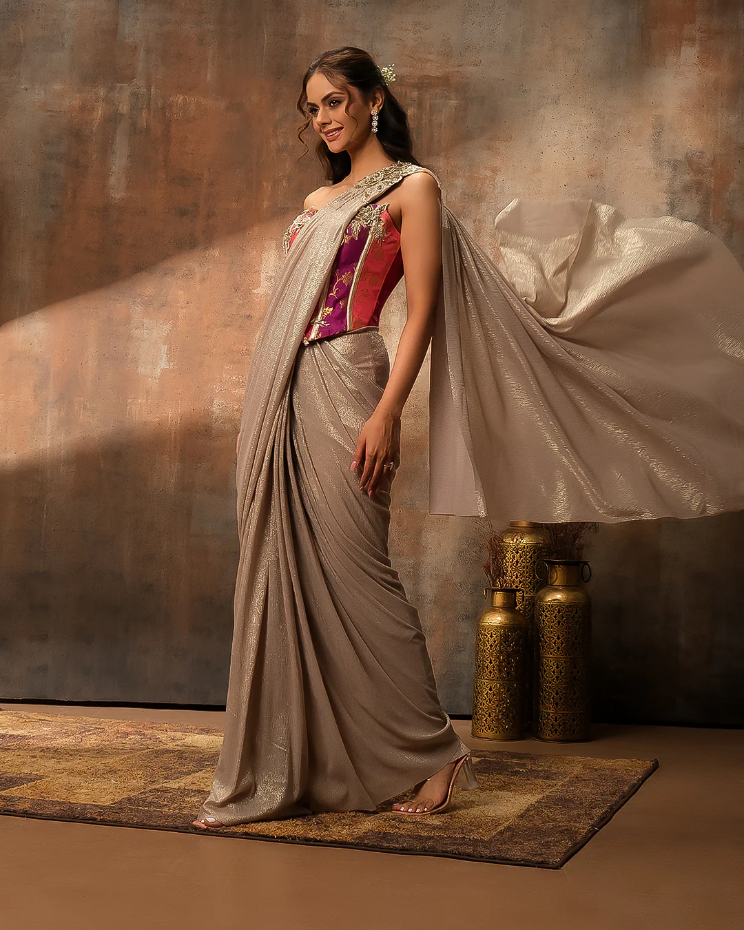 Copper Gold Textured Lycra Pre-Draped Saree With Banarasi Corset Blouse