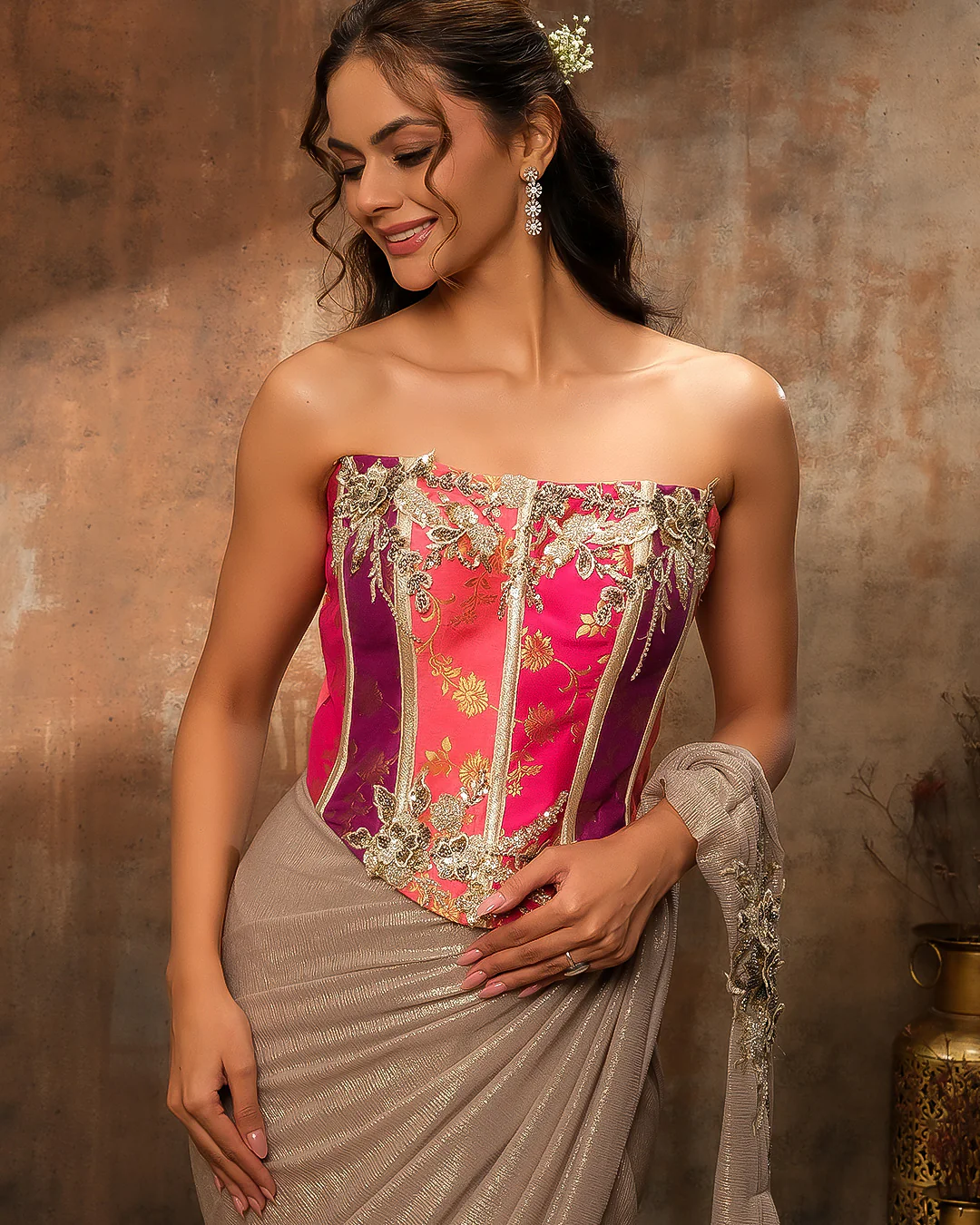 Copper Gold Textured Lycra Pre-Draped Saree With Banarasi Corset Blouse - Image 3