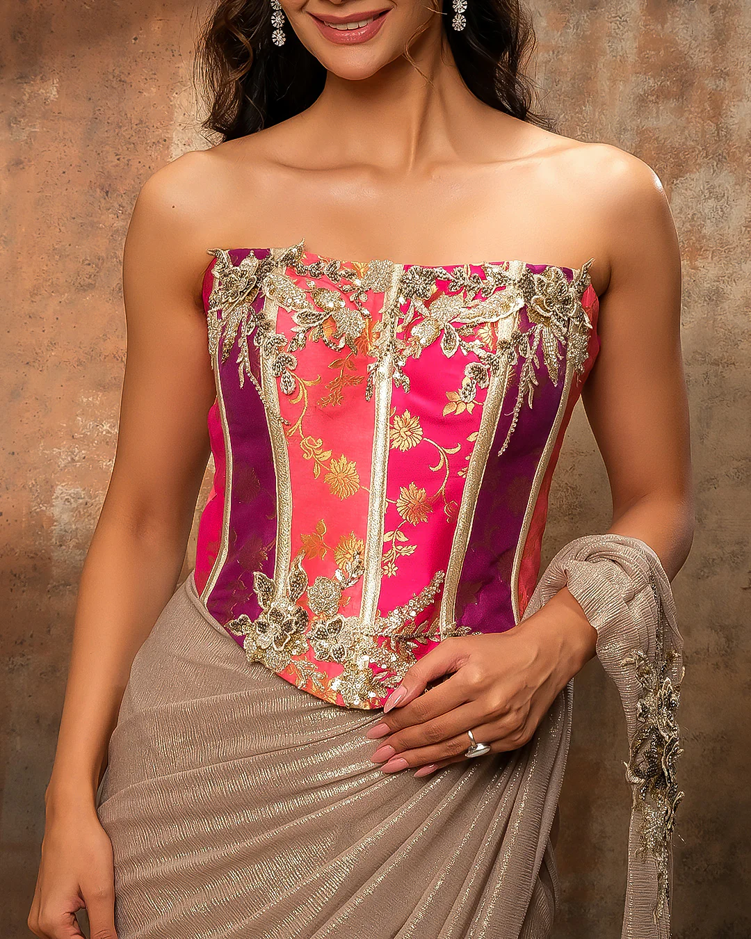 Copper Gold Textured Lycra Pre-Draped Saree With Banarasi Corset Blouse - Image 4