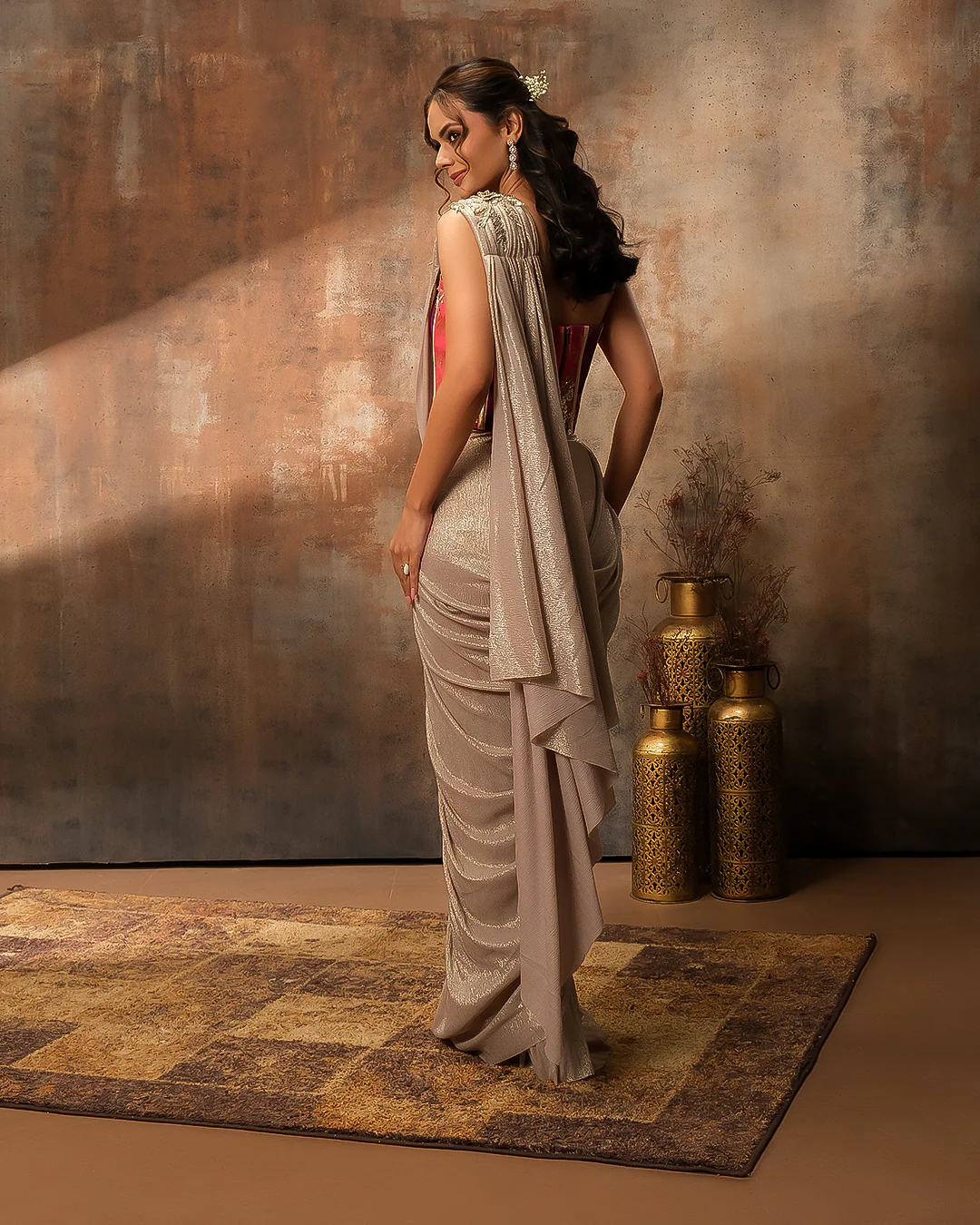Copper Gold Textured Lycra Pre-Draped Saree With Banarasi Corset Blouse - Image 5