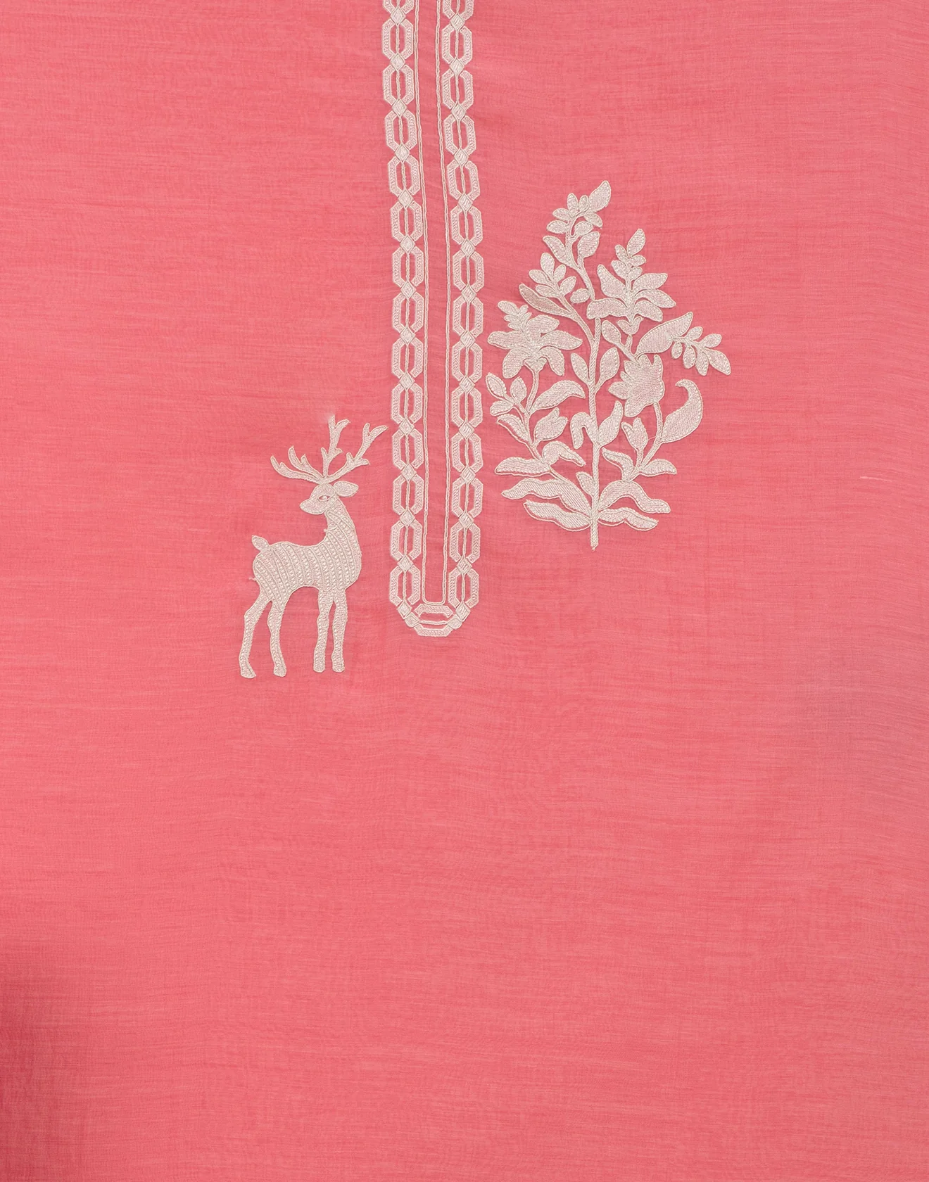 Coral Peach With Deer Embroidered Motif Cotton Silk Unstitched Suit Set - Image 3