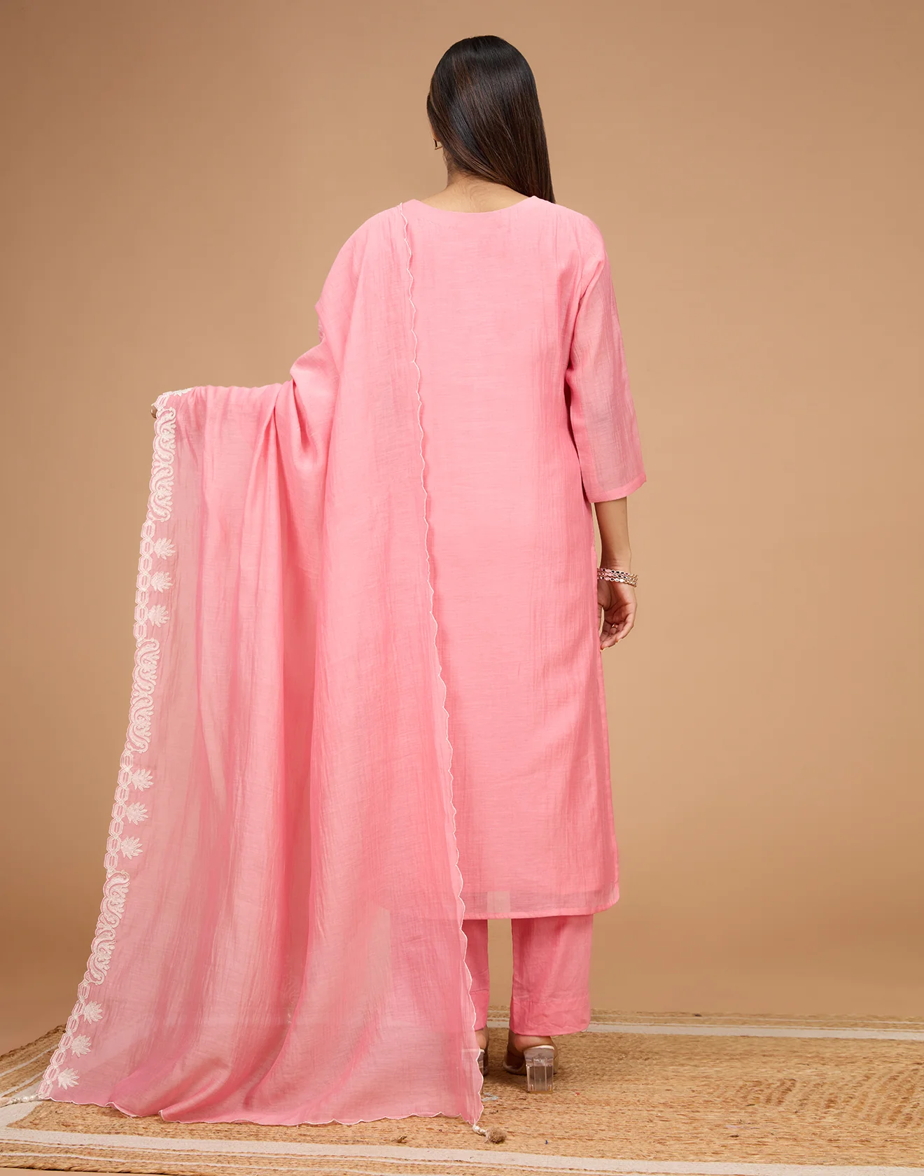 Coral Peach With Deer Embroidered Motif Cotton Silk Unstitched Suit Set - Image 6
