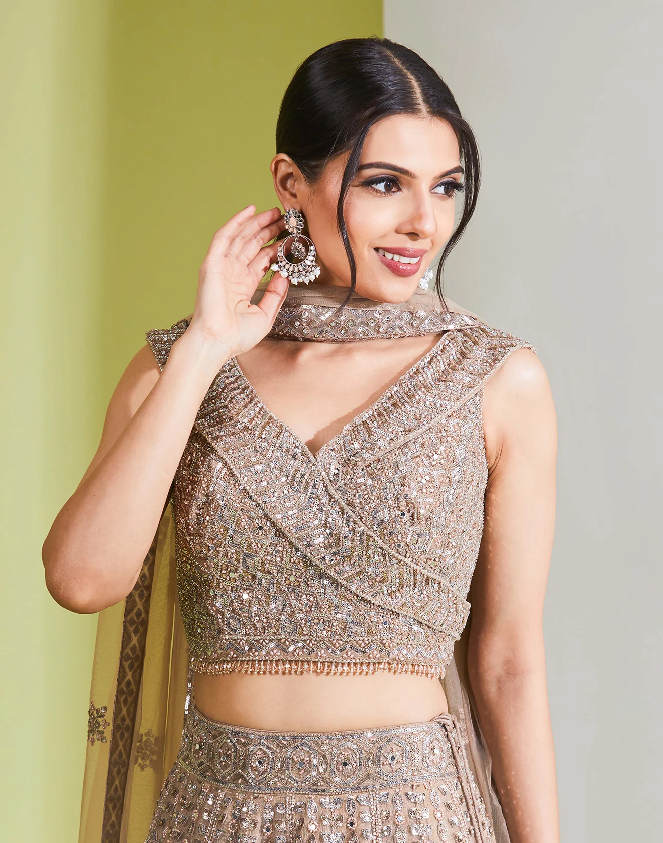 Cream Brown Embellished Lehenga Set - Image 3
