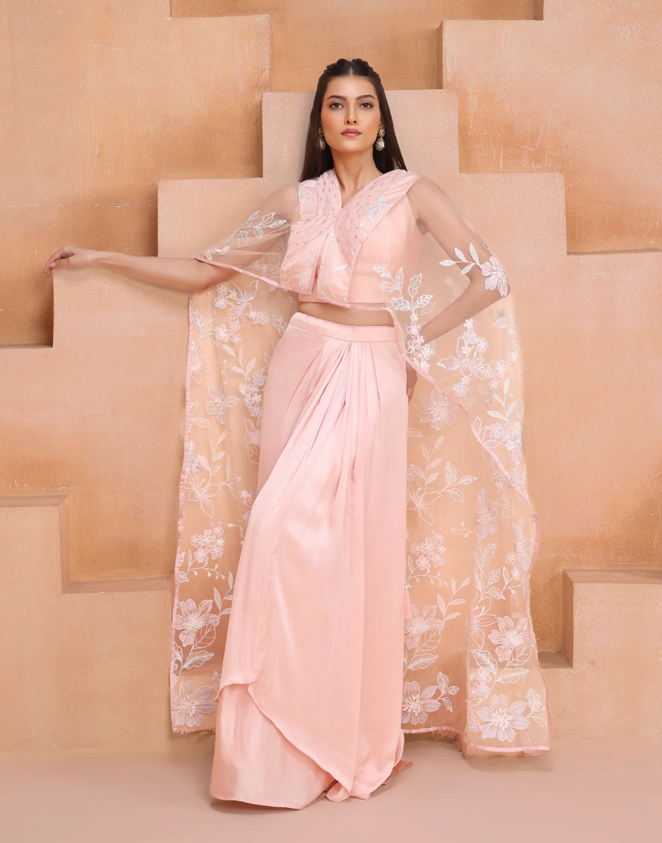 Creamsicle Peach Indo-Western Drape Skirt Set With Net Cape Jacket