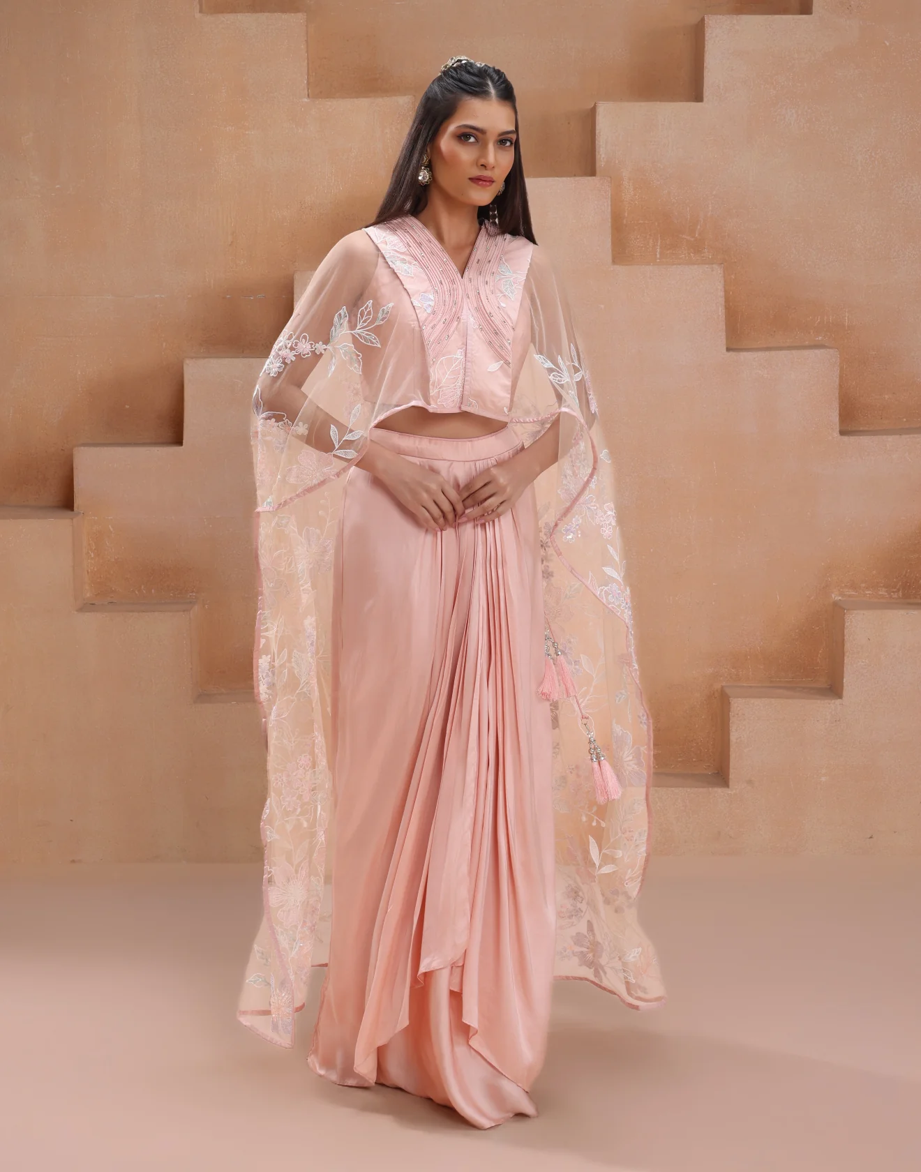 Creamsicle Peach Indo-Western Drape Skirt Set With Net Cape Jacket - Image 3
