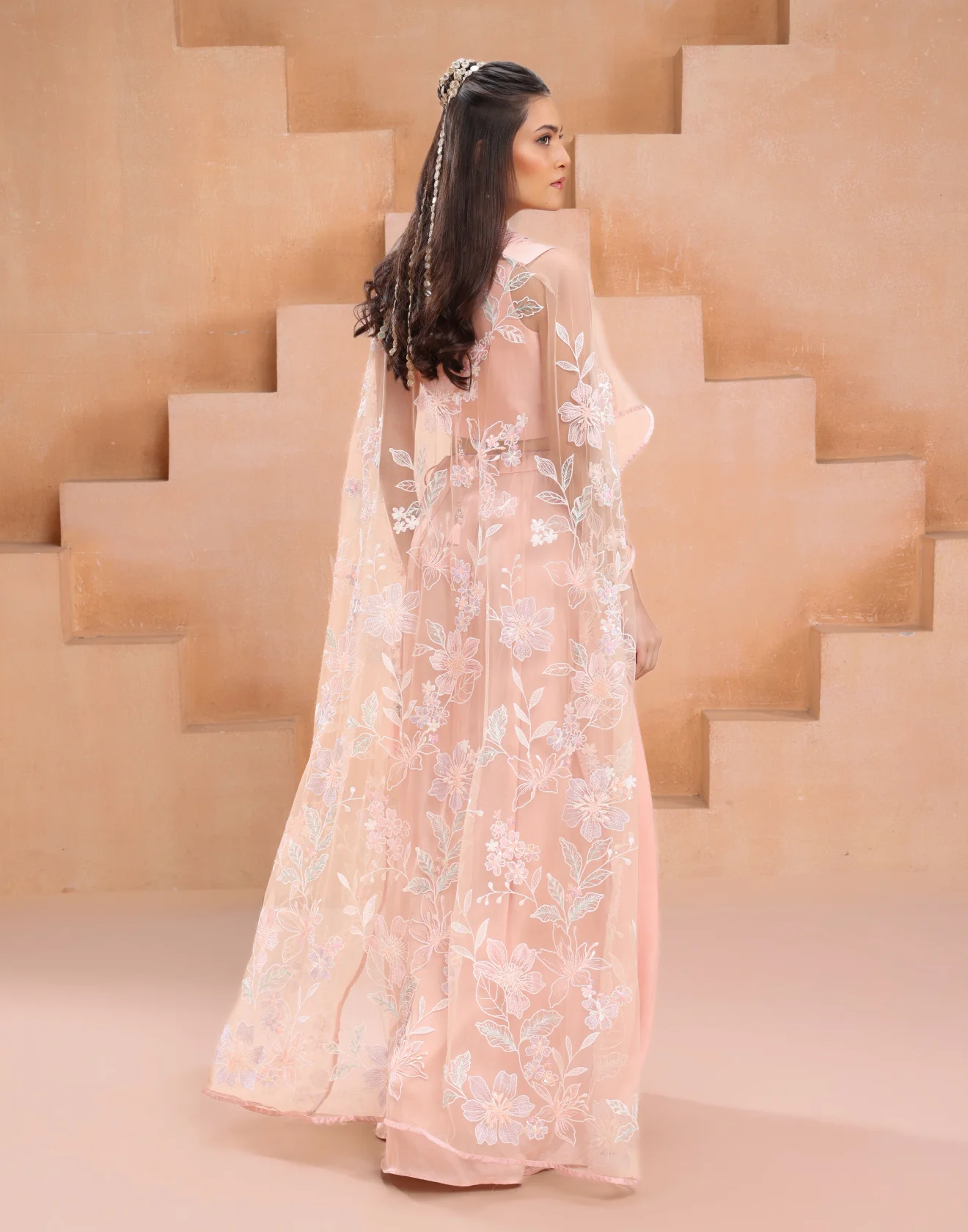 Creamsicle Peach Indo-Western Drape Skirt Set With Net Cape Jacket - Image 5