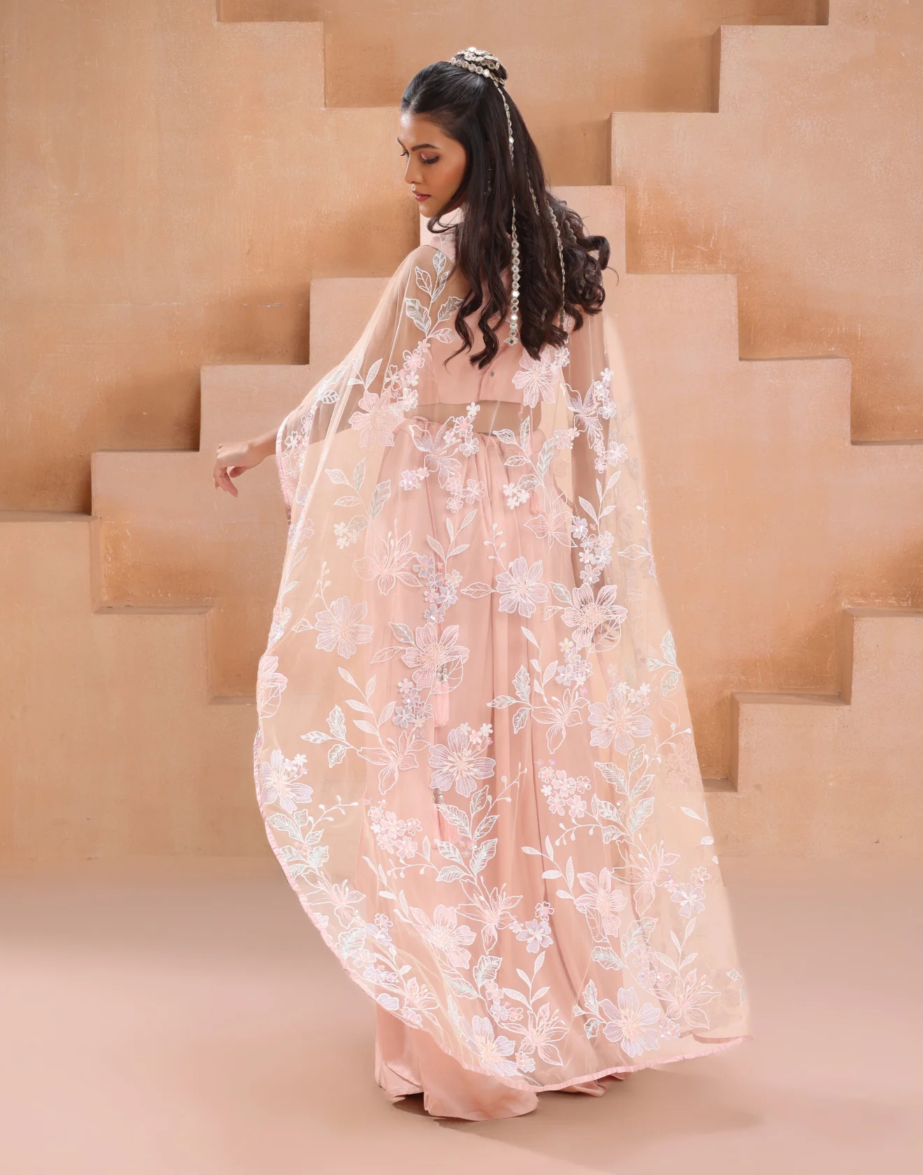 Creamsicle Peach Indo-Western Drape Skirt Set With Net Cape Jacket - Image 6