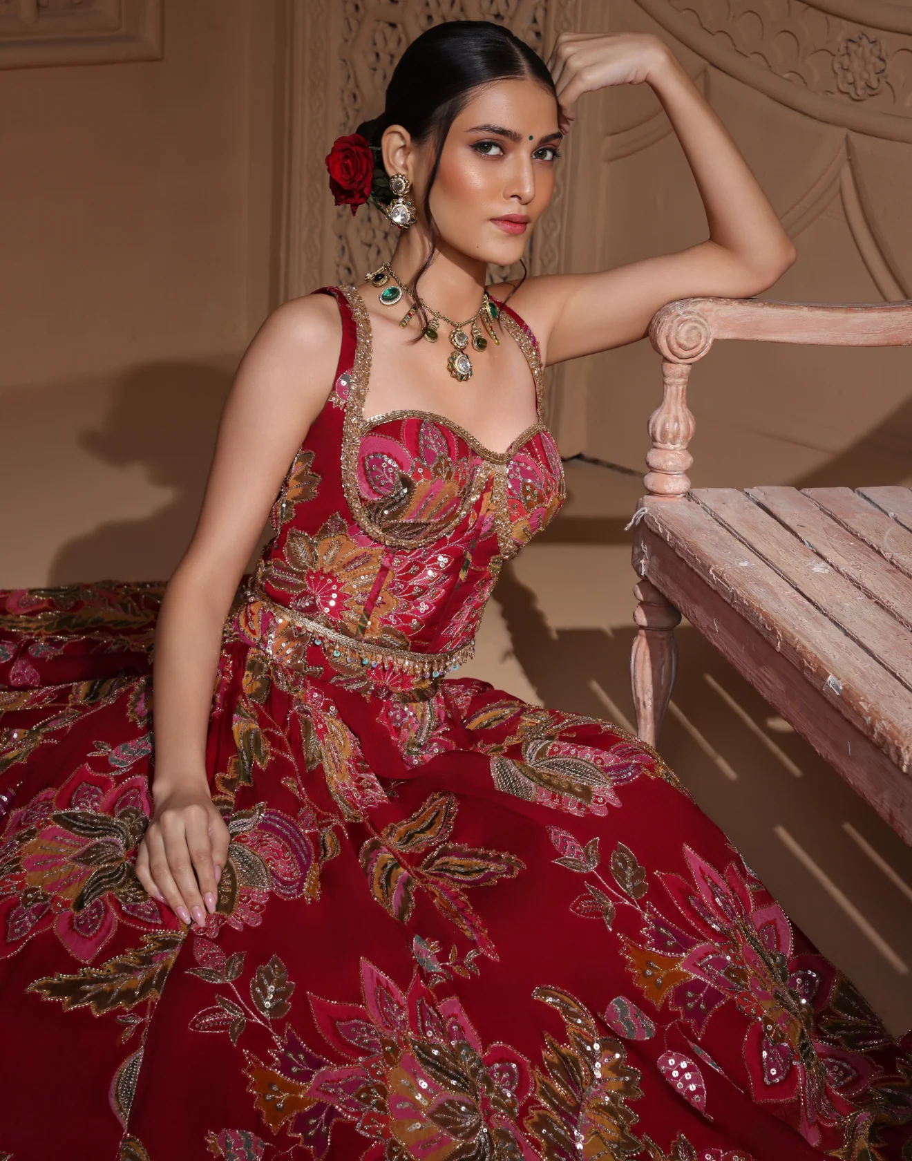 Crimson Crave Lehenga With Corset Blouse Set - Image 3