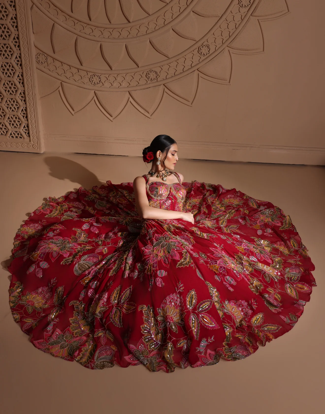 Crimson Crave Lehenga With Corset Blouse Set - Image 4