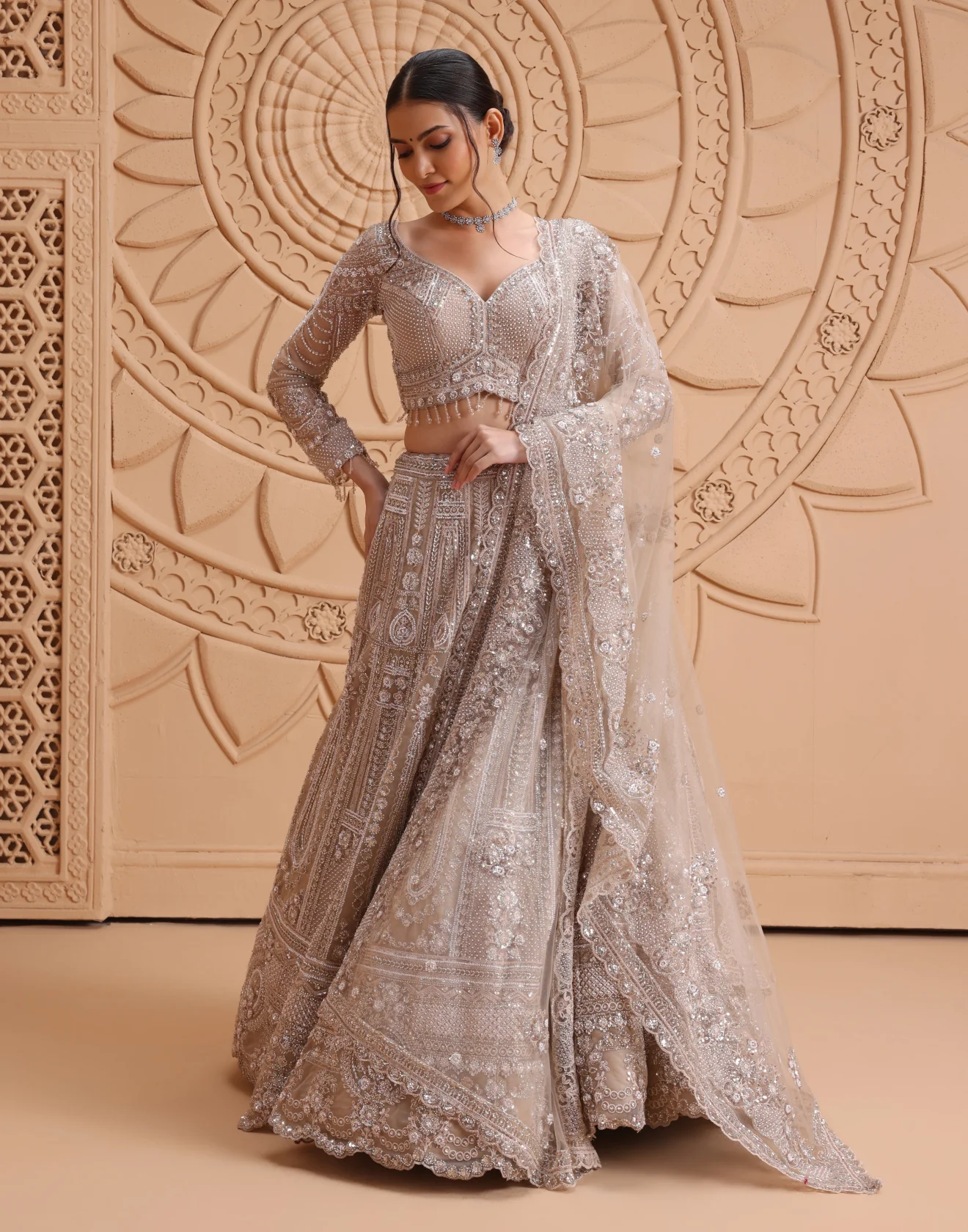 Crystal Beige Glimmering Cocktail Lehenga Set