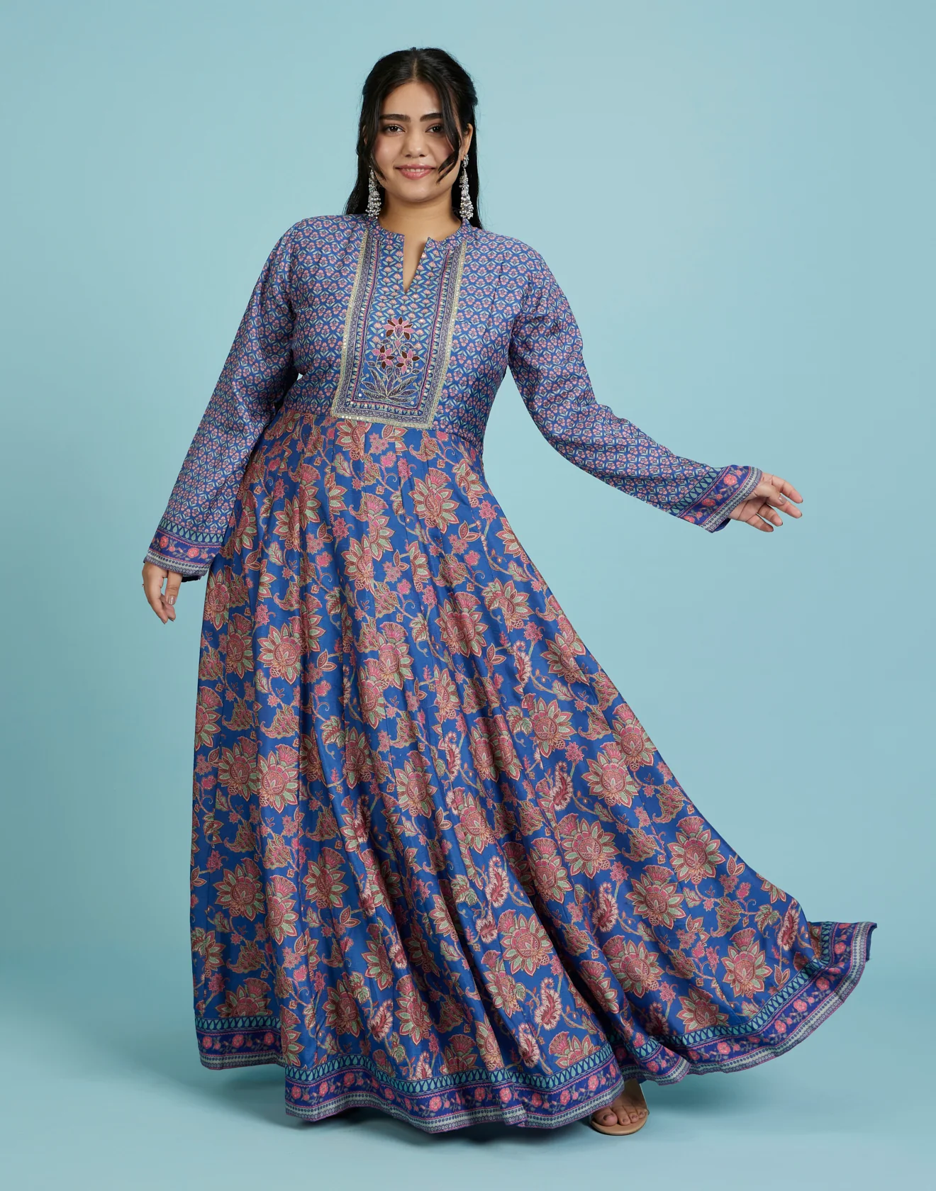 Daisy Blue Floral Printed & Hand Embroidered Yoke Kurti - Image 3