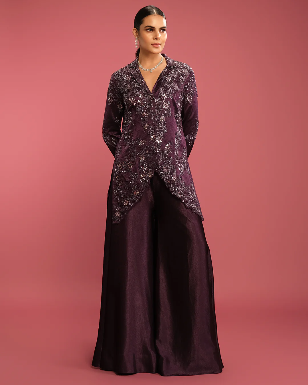 Dark Purple Glam Textured Silk Fusion Jacket Set