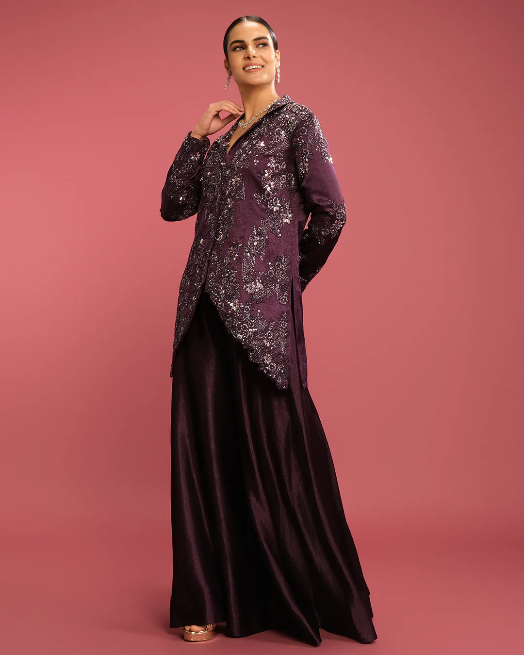 Dark Purple Glam Textured Silk Fusion Jacket Set - Image 2