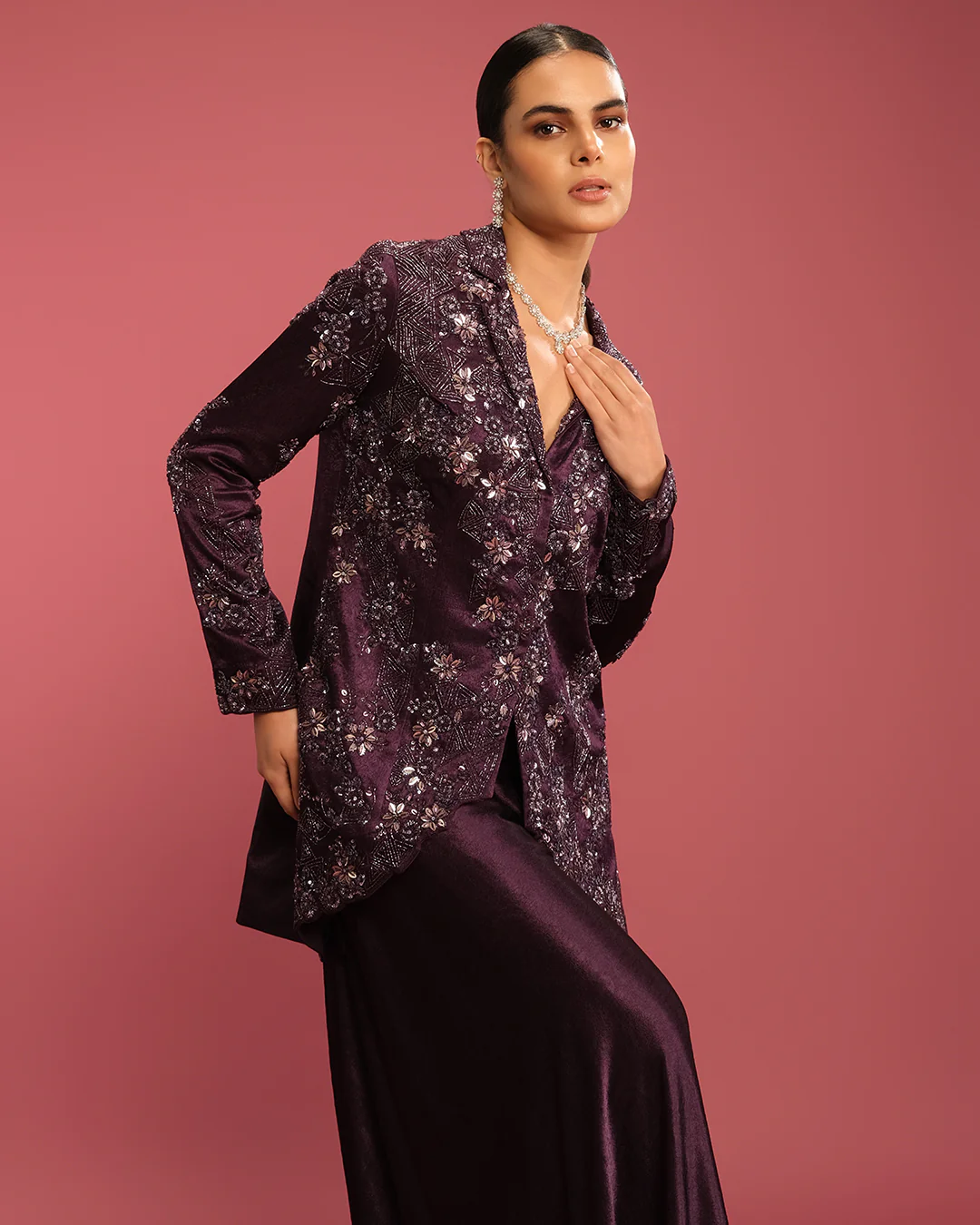 Dark Purple Glam Textured Silk Fusion Jacket Set - Image 4
