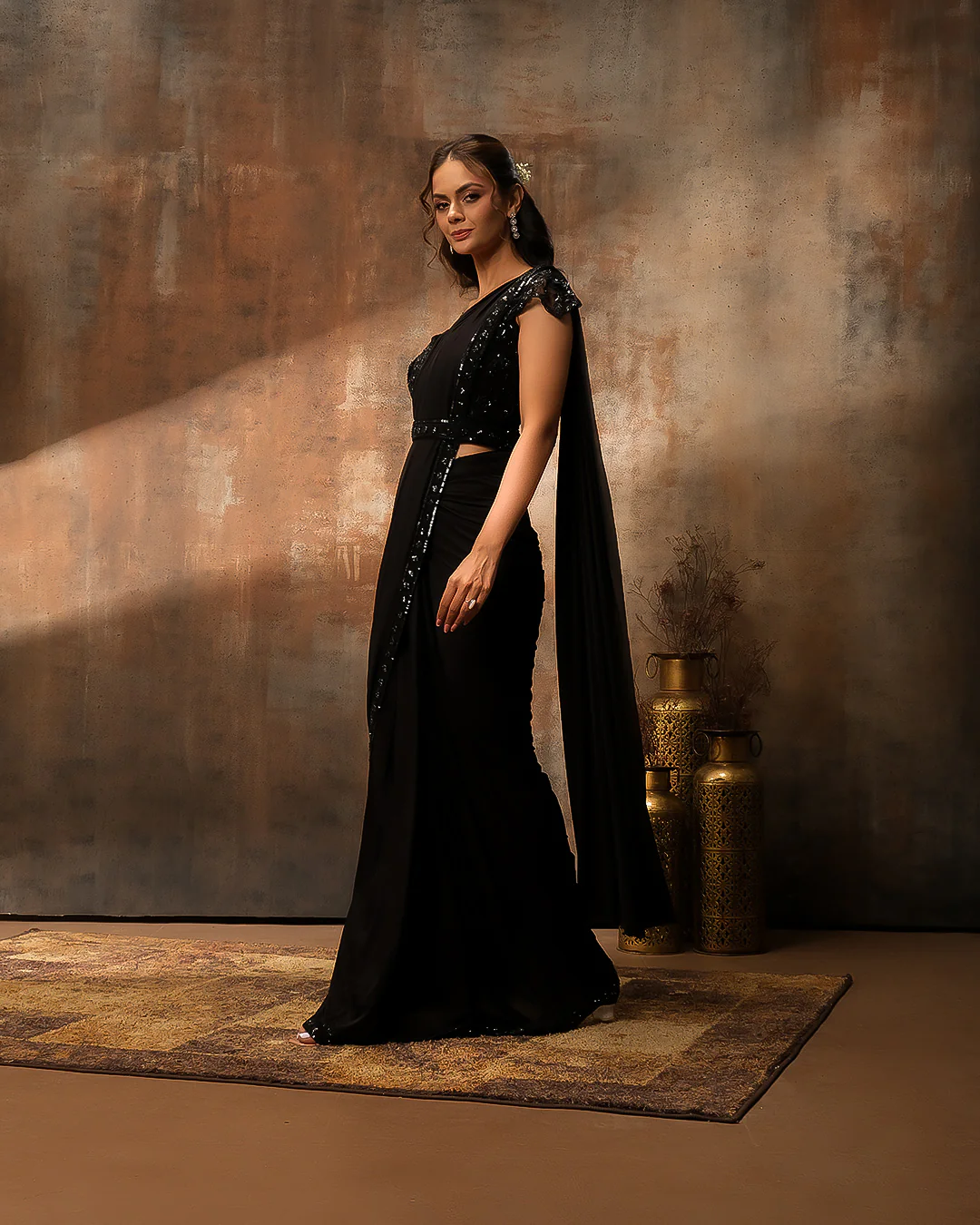 Darkness Glam Embellished Festive Pre-Draped Saree - Image 2