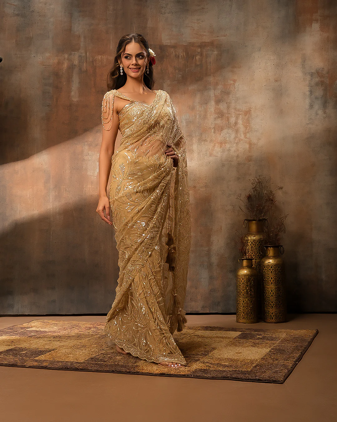 Dazzling Gold Embellished Pre-Stitched Saree - Image 2