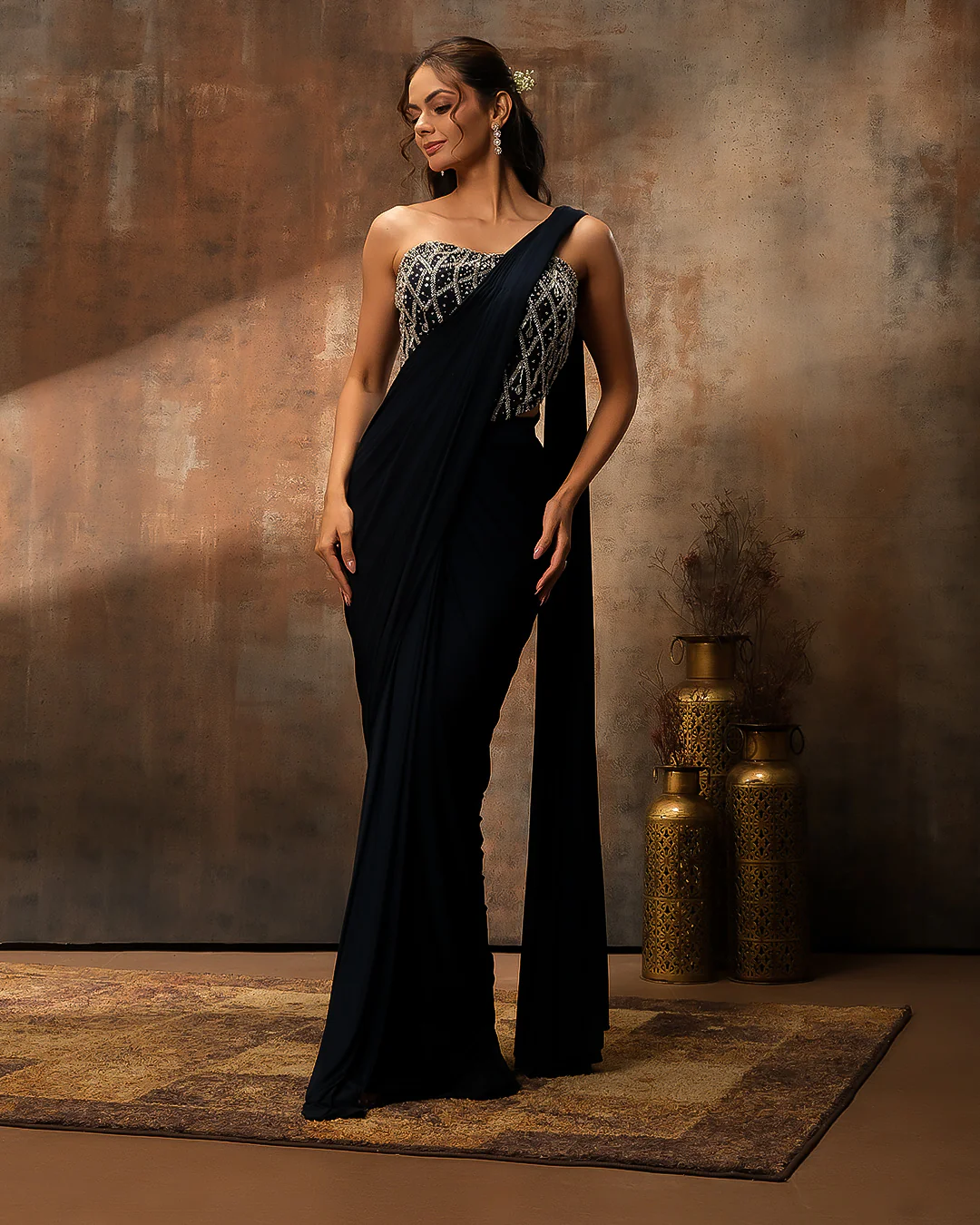 Deep Blue Lycra Pre-Stitched Saree With Embellished Corset Blouse - Image 3