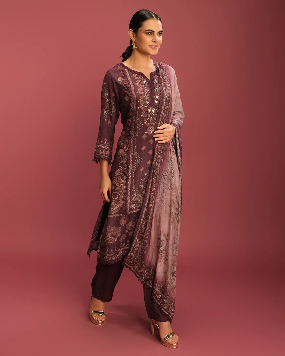 Deep Burgundy Printed Blended Silk Kurta Set - Image 2