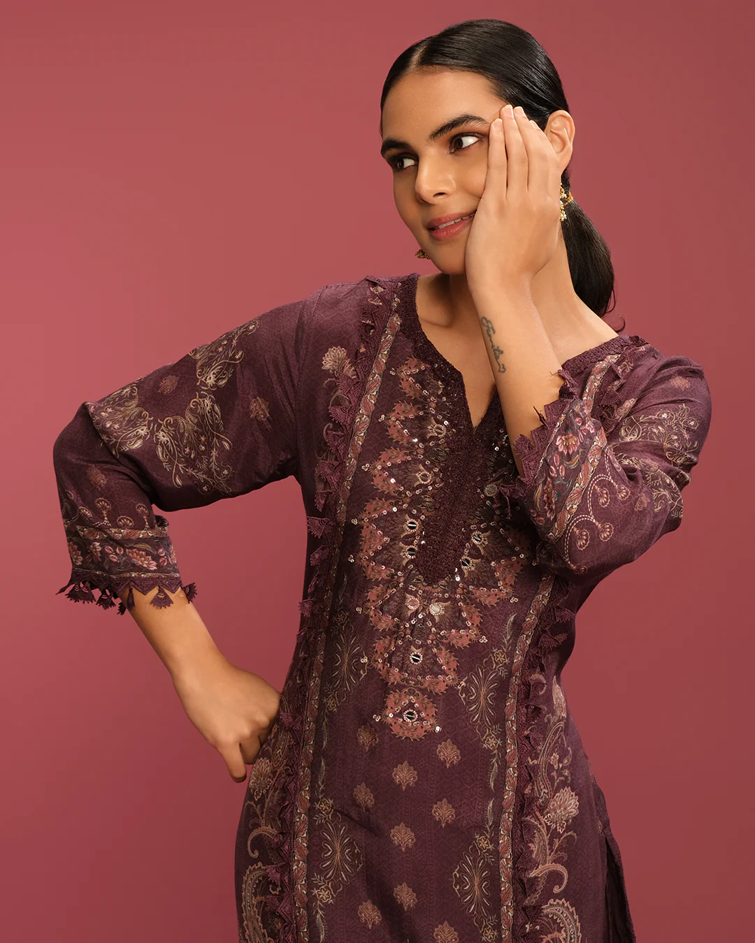 Deep Burgundy Printed Blended Silk Kurta Set - Image 3