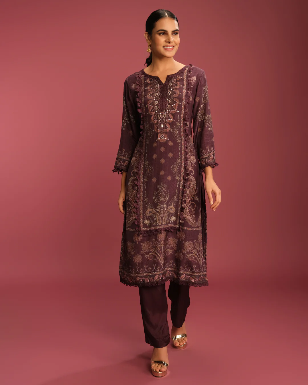 Deep Burgundy Printed Blended Silk Kurta Set - Image 4