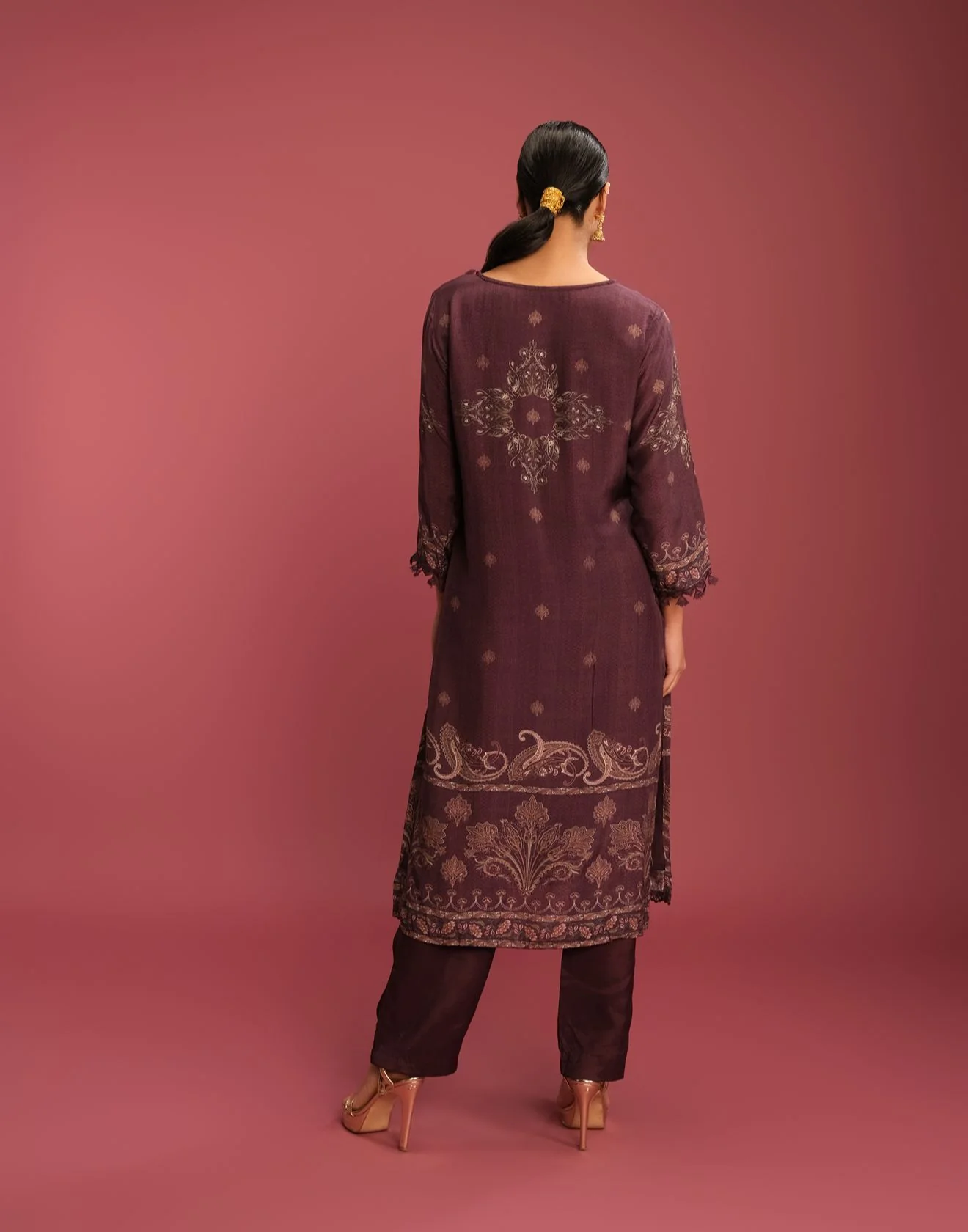 Deep Burgundy Printed Blended Silk Kurta Set - Image 5
