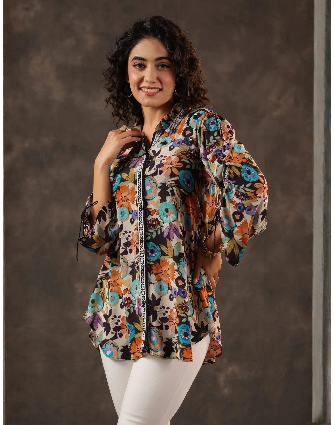 Deep Multihues Printed Crepe Tunic Shirt