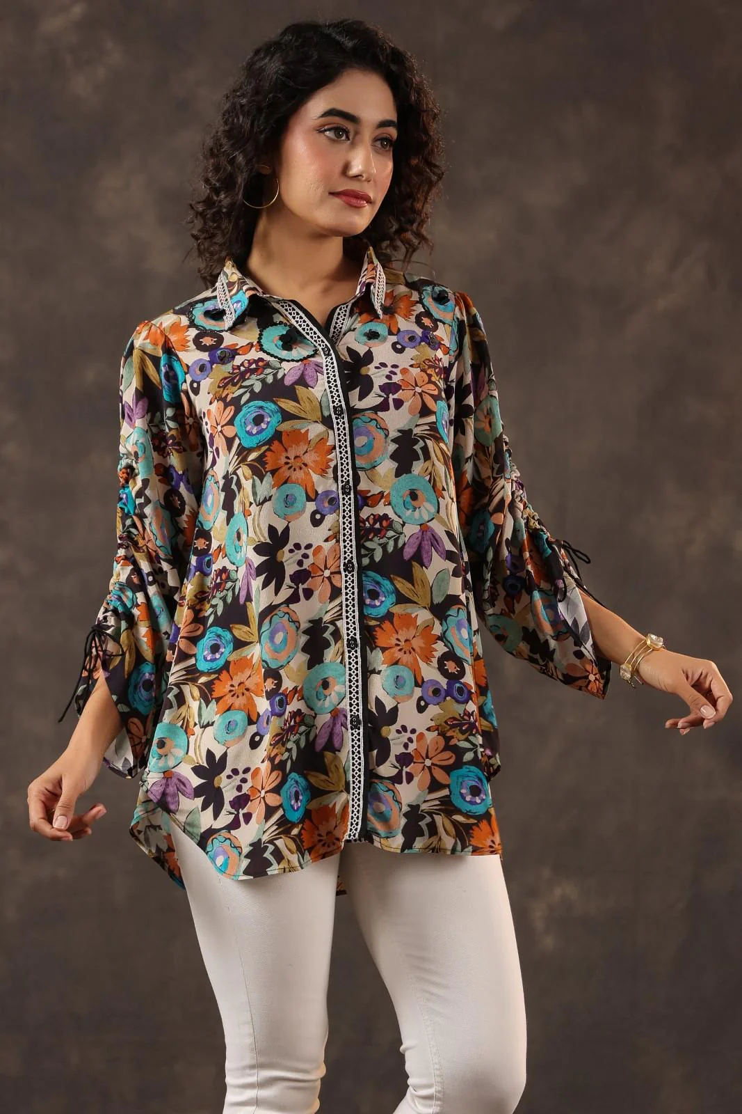 Deep Multihues Printed Crepe Tunic Shirt - Image 2