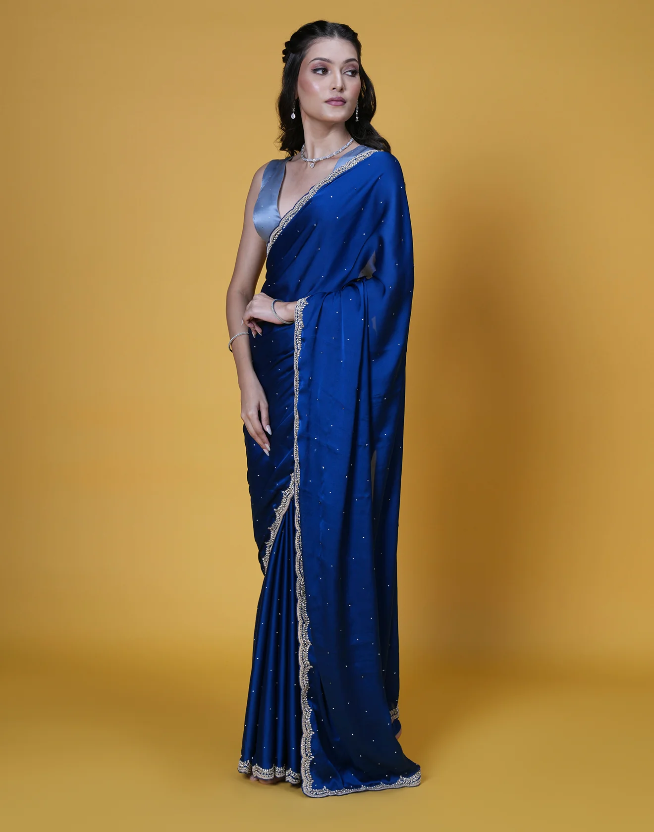 Deep Turquoise Satin Embellished Saree - Image 2