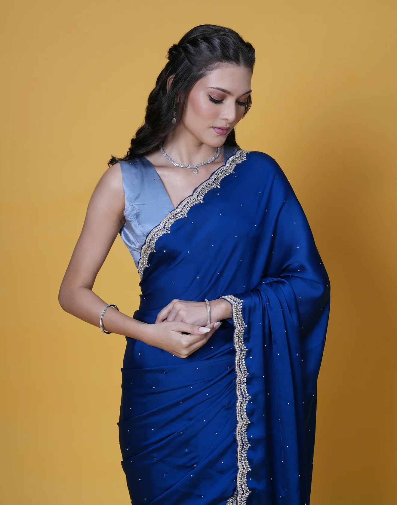 Deep Turquoise Satin Embellished Saree - Image 3