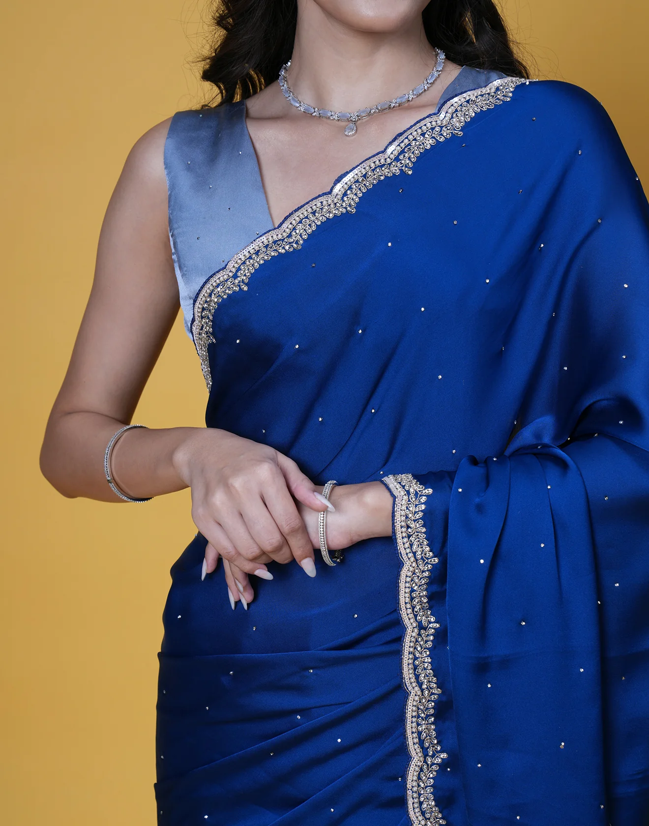 Deep Turquoise Satin Embellished Saree - Image 4