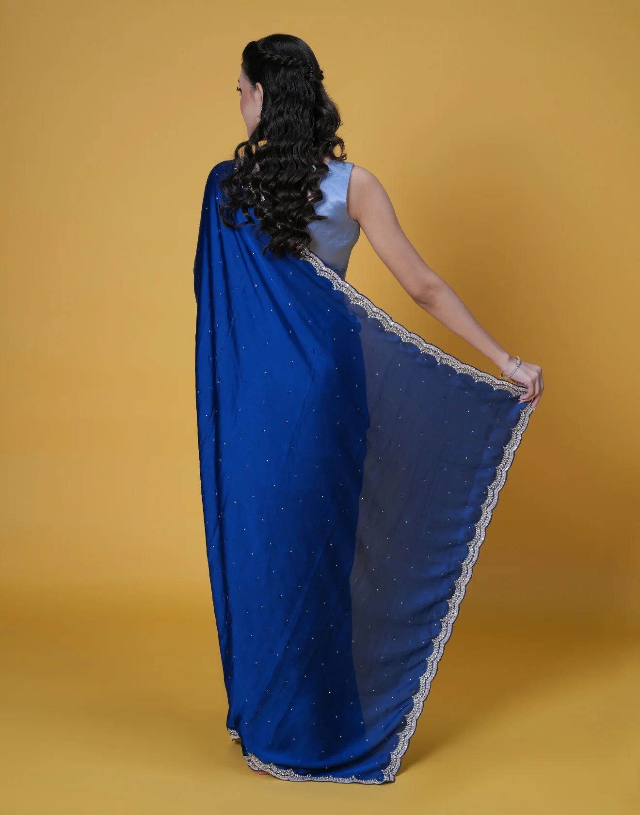 Deep Turquoise Satin Embellished Saree - Image 5