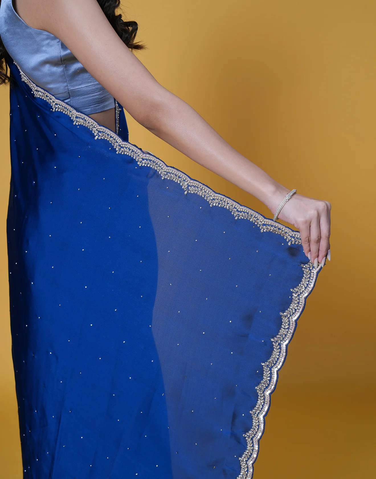 Deep Turquoise Satin Embellished Saree - Image 6
