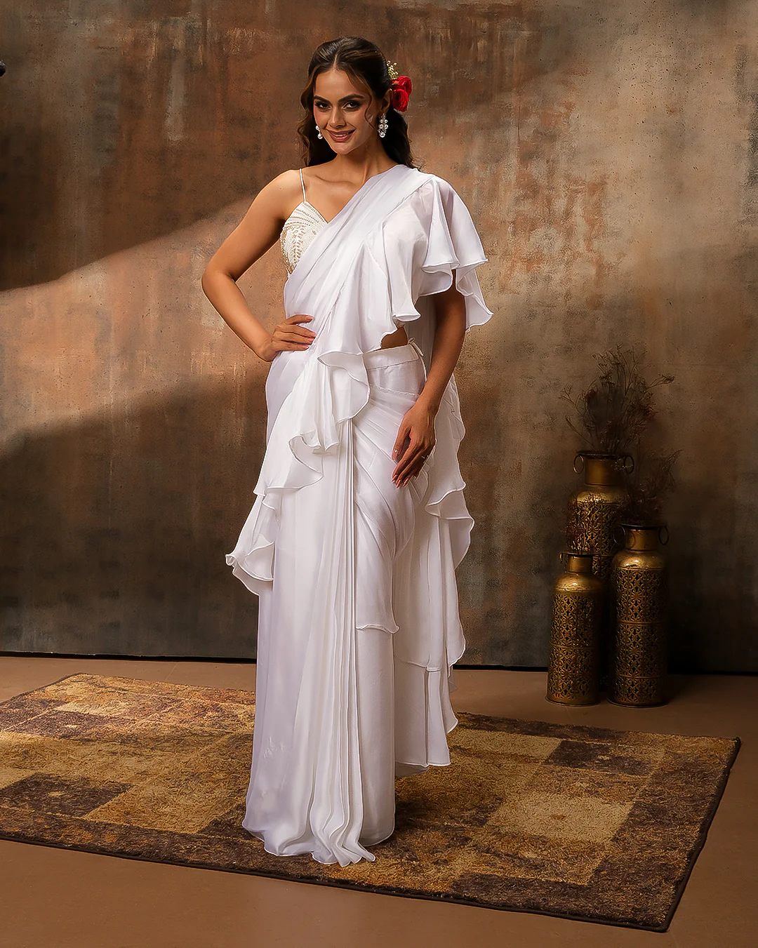 Dove White Pre-Draped Saree With Embroidered Blouse