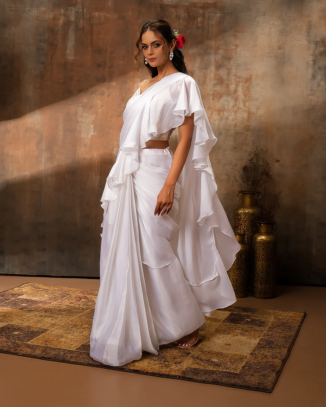 Dove White Pre-Draped Saree With Embroidered Blouse - Image 2