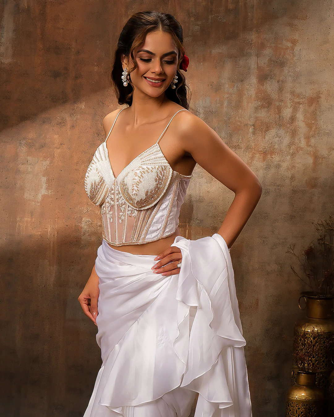 Dove White Pre-Draped Saree With Embroidered Blouse - Image 3
