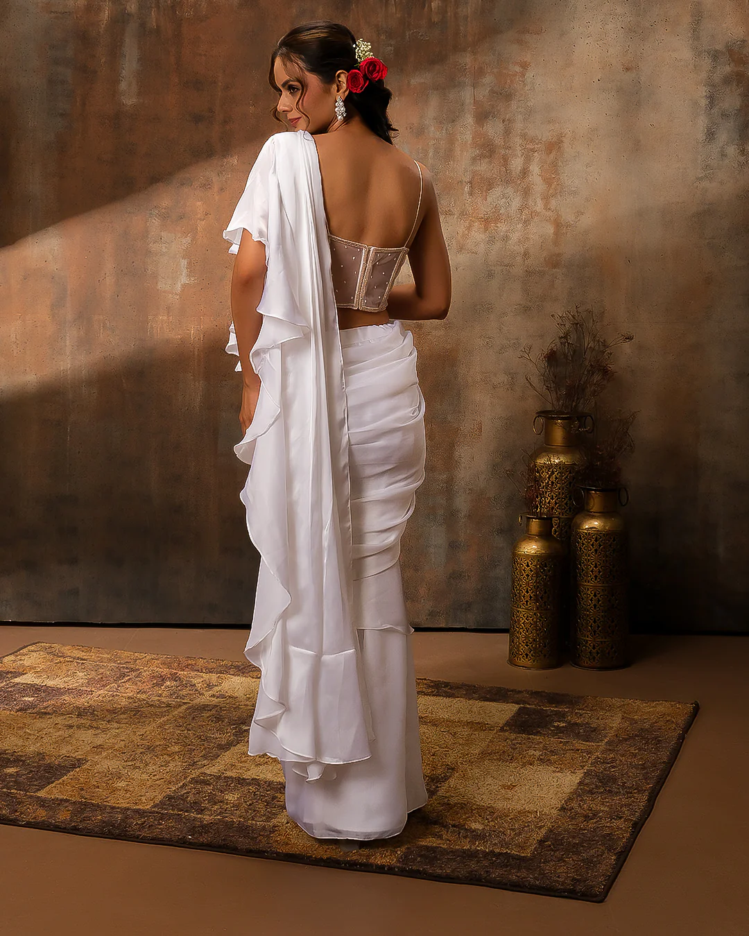 Dove White Pre-Draped Saree With Embroidered Blouse - Image 5