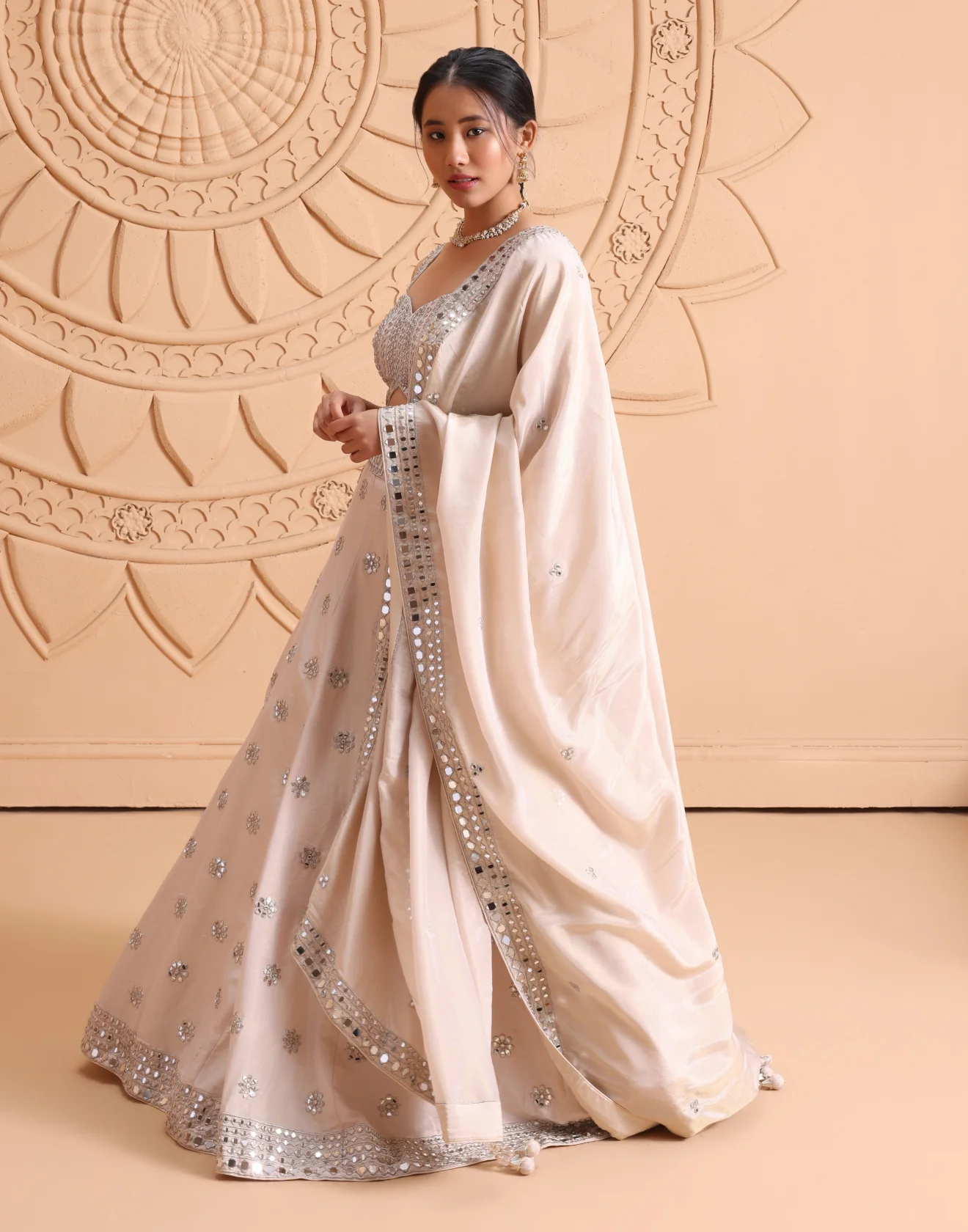 Dreamy Peach Mirror Embellished Tissue Silk Lehenga Set