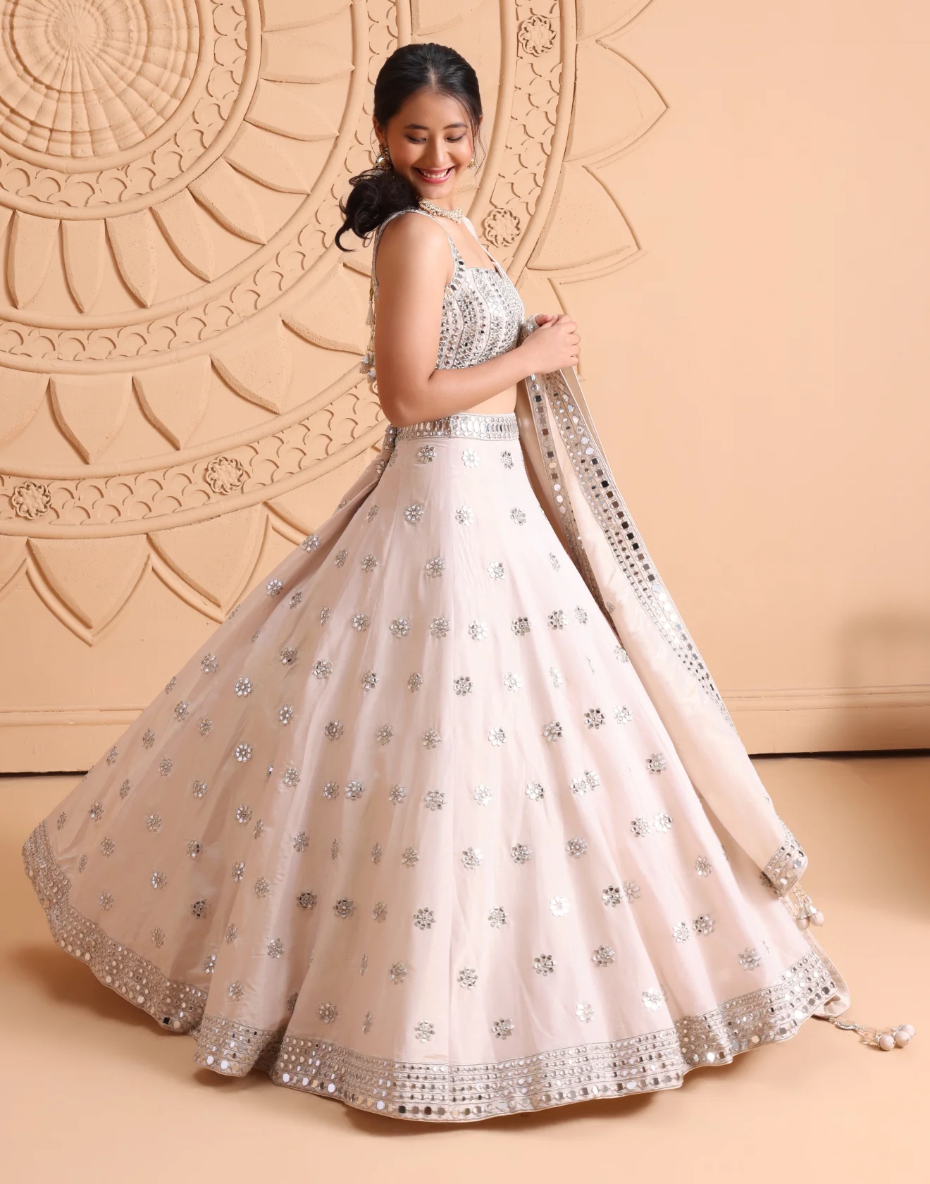 Dreamy Peach Mirror Embellished Tissue Silk Lehenga Set - Image 2