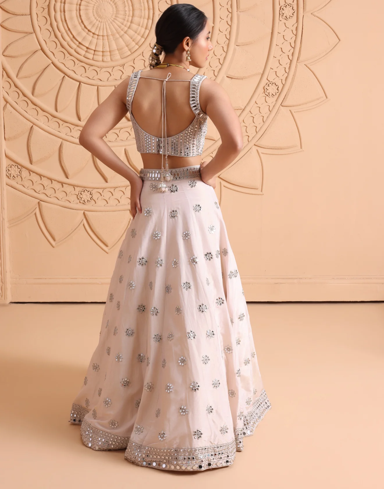 Dreamy Peach Mirror Embellished Tissue Silk Lehenga Set - Image 4