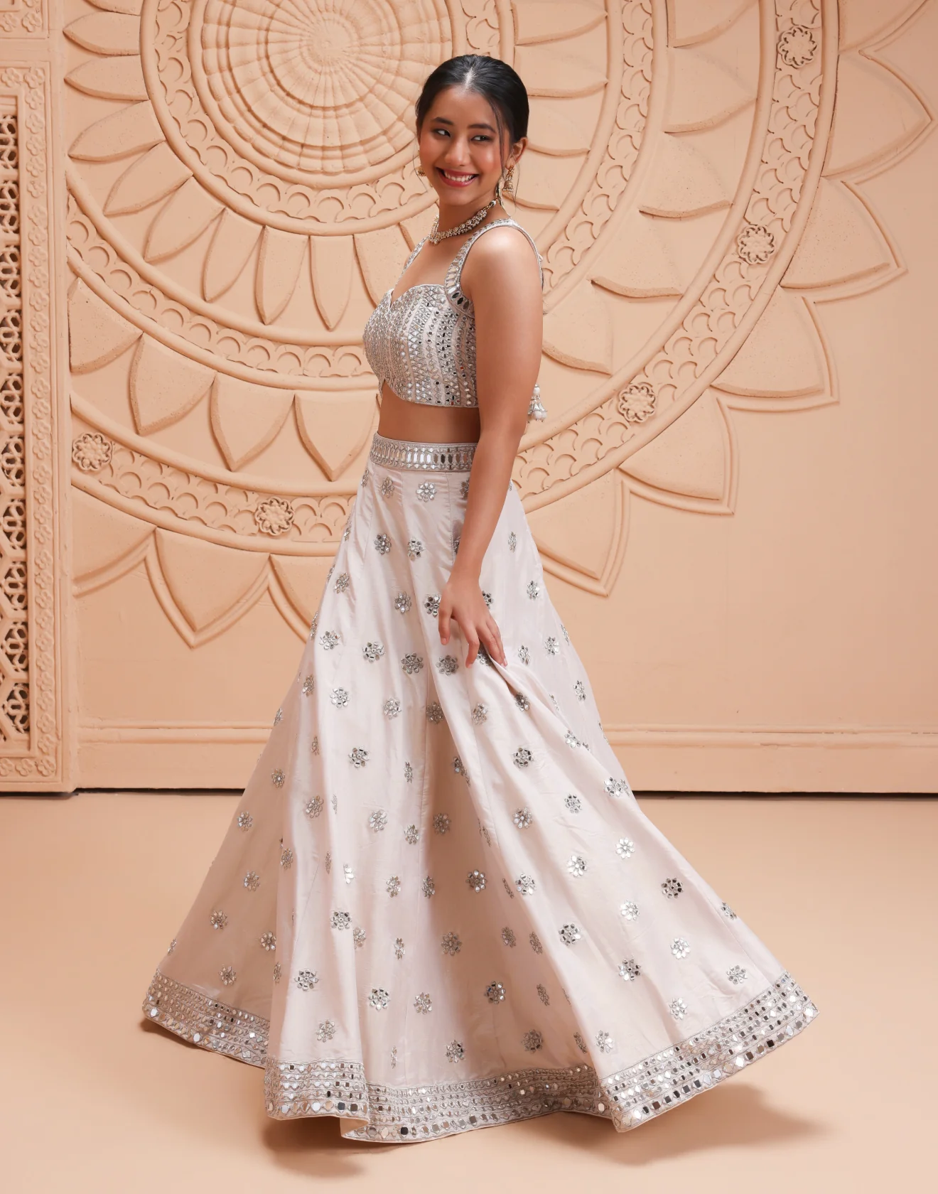 Dreamy Peach Mirror Embellished Tissue Silk Lehenga Set - Image 5