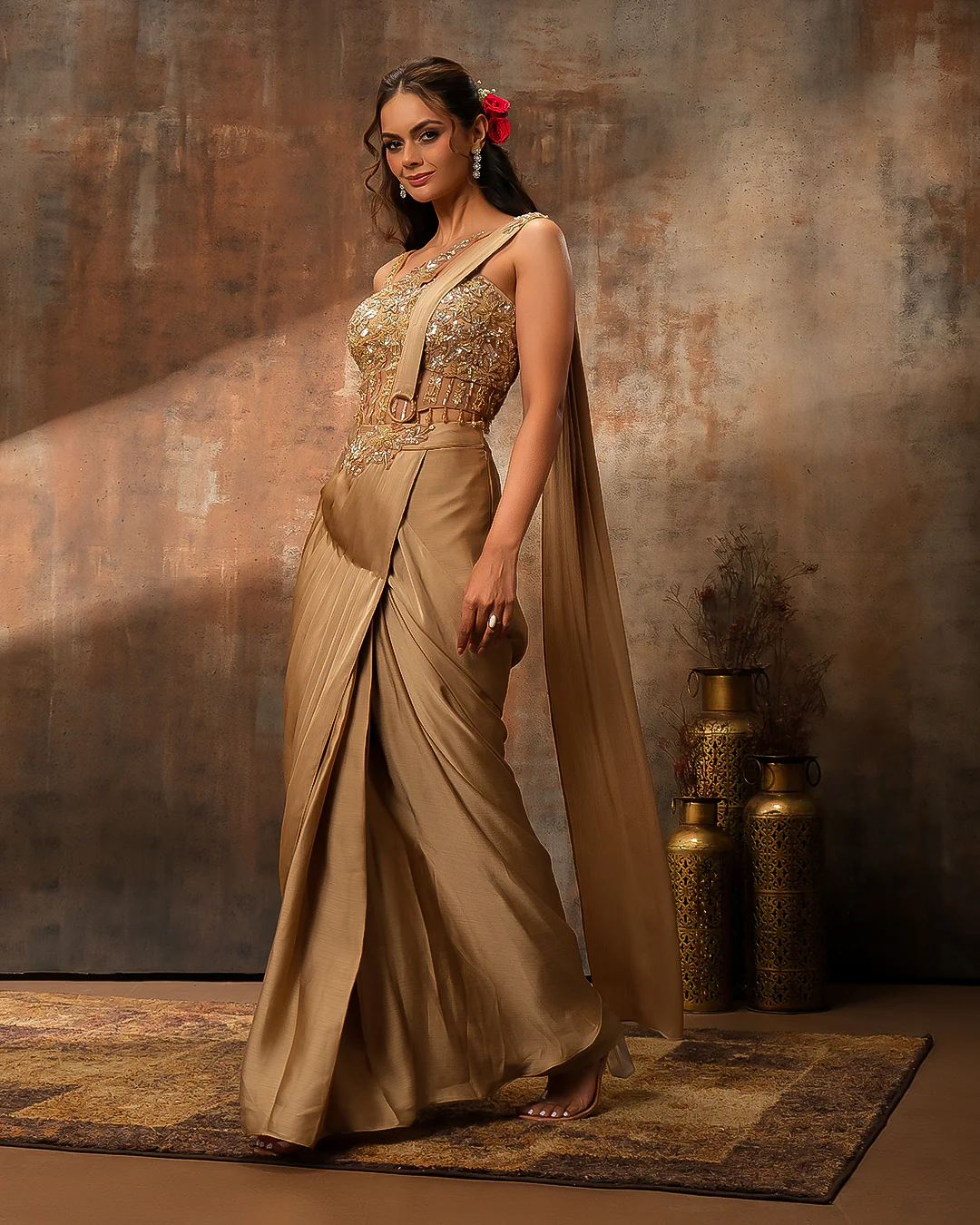 Dune Drama Embellished Crepe Silk Pre-Draped saree - Image 2