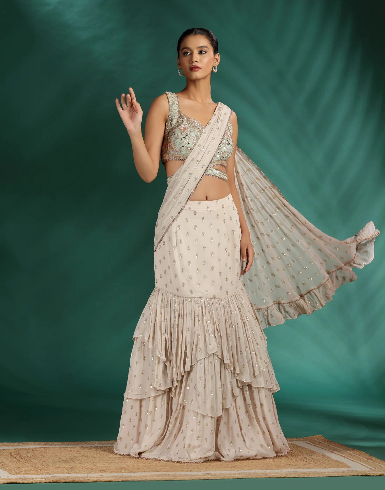 Dusky Meadow Layered Lehenga With Embroidered Blouse