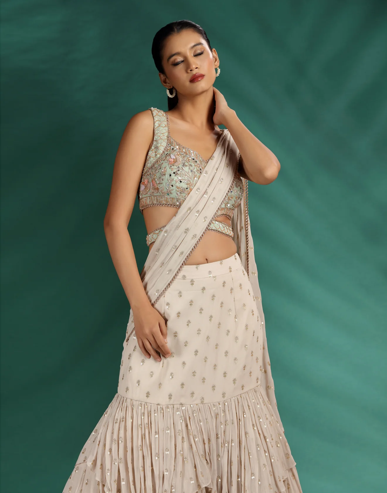 Dusky Meadow Layered Lehenga With Embroidered Blouse - Image 4