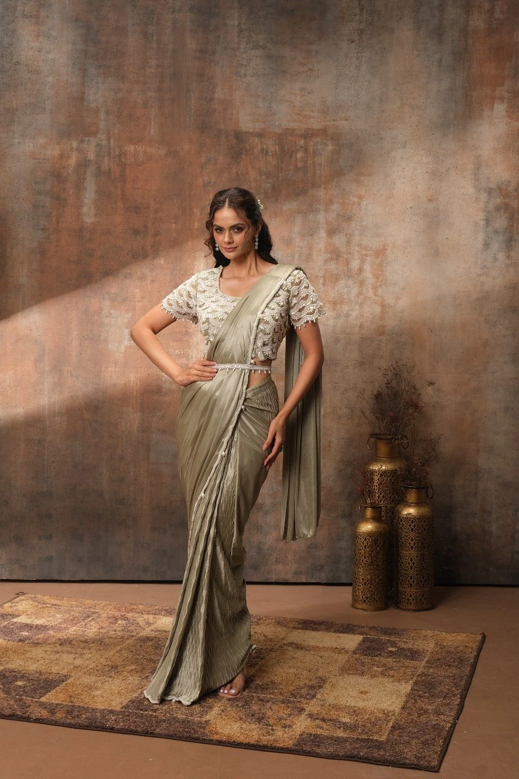 Dusky Olive Pearl Embellished Pre-Stitched Saree - Image 3