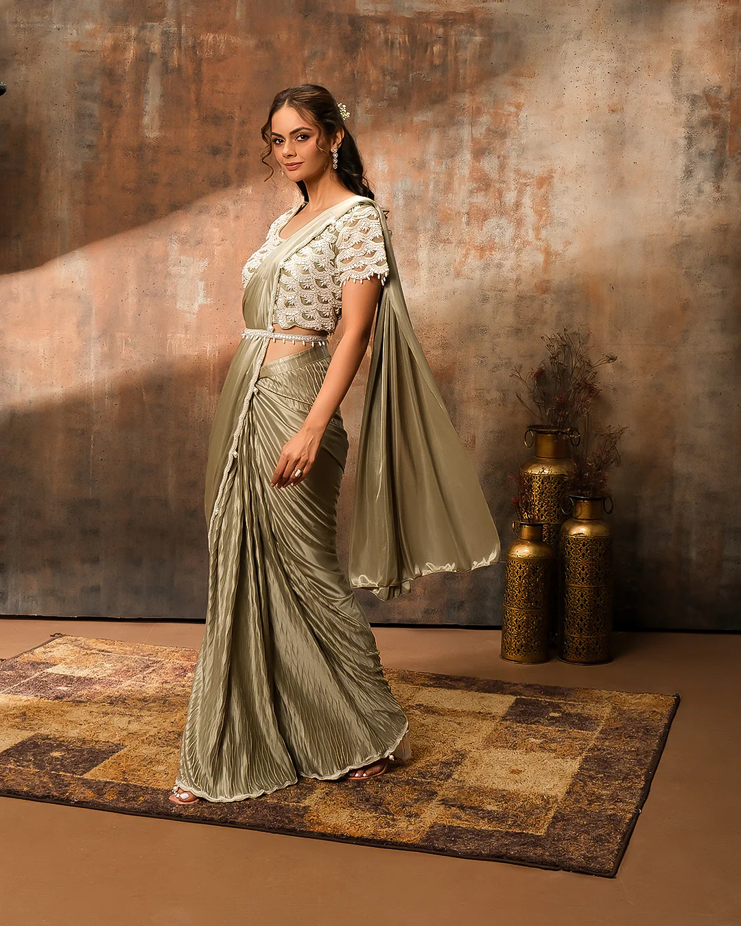 Dusky Olive Pearl Embellished Pre-Stitched Saree - Image 4