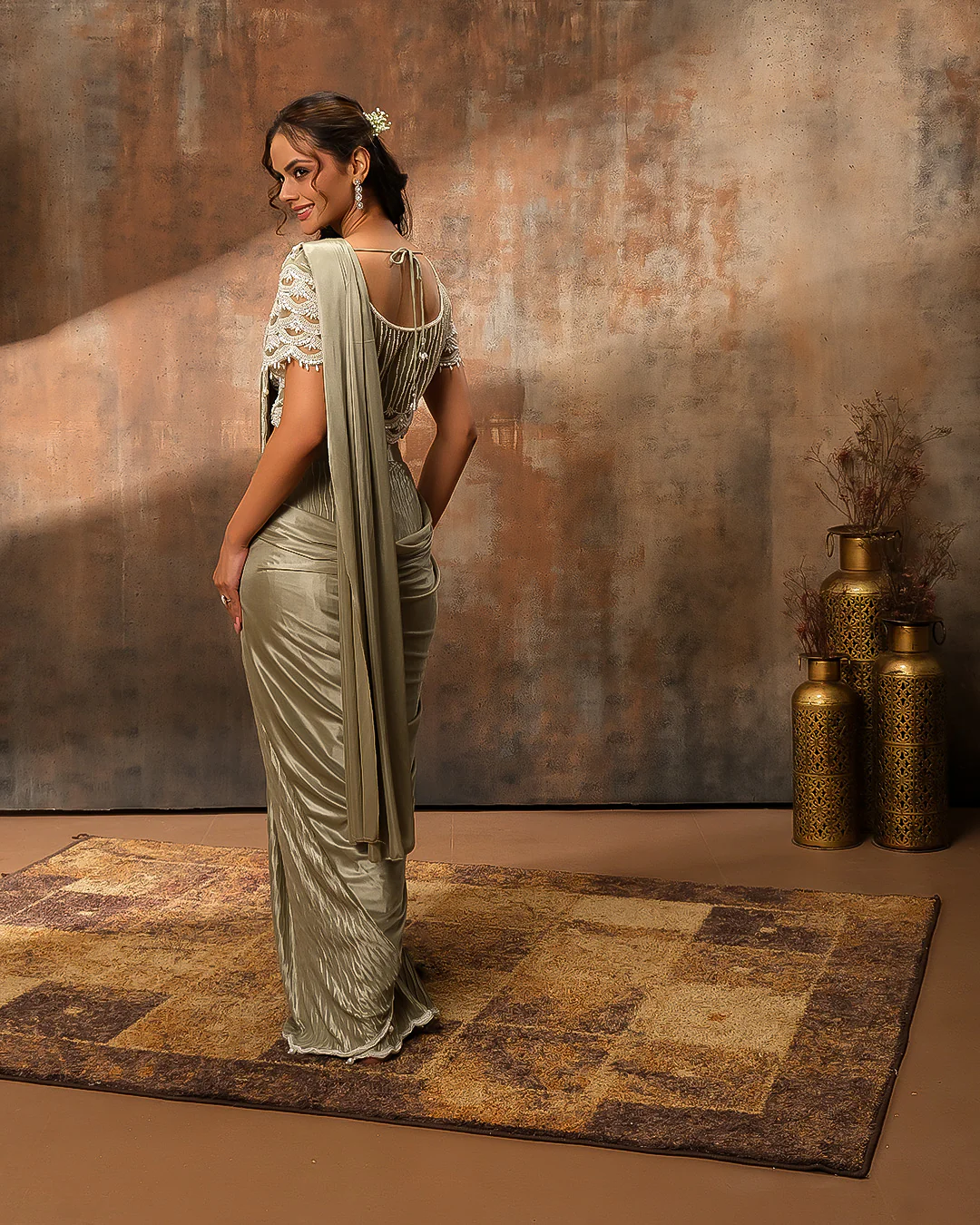 Dusky Olive Pearl Embellished Pre-Stitched Saree - Image 7