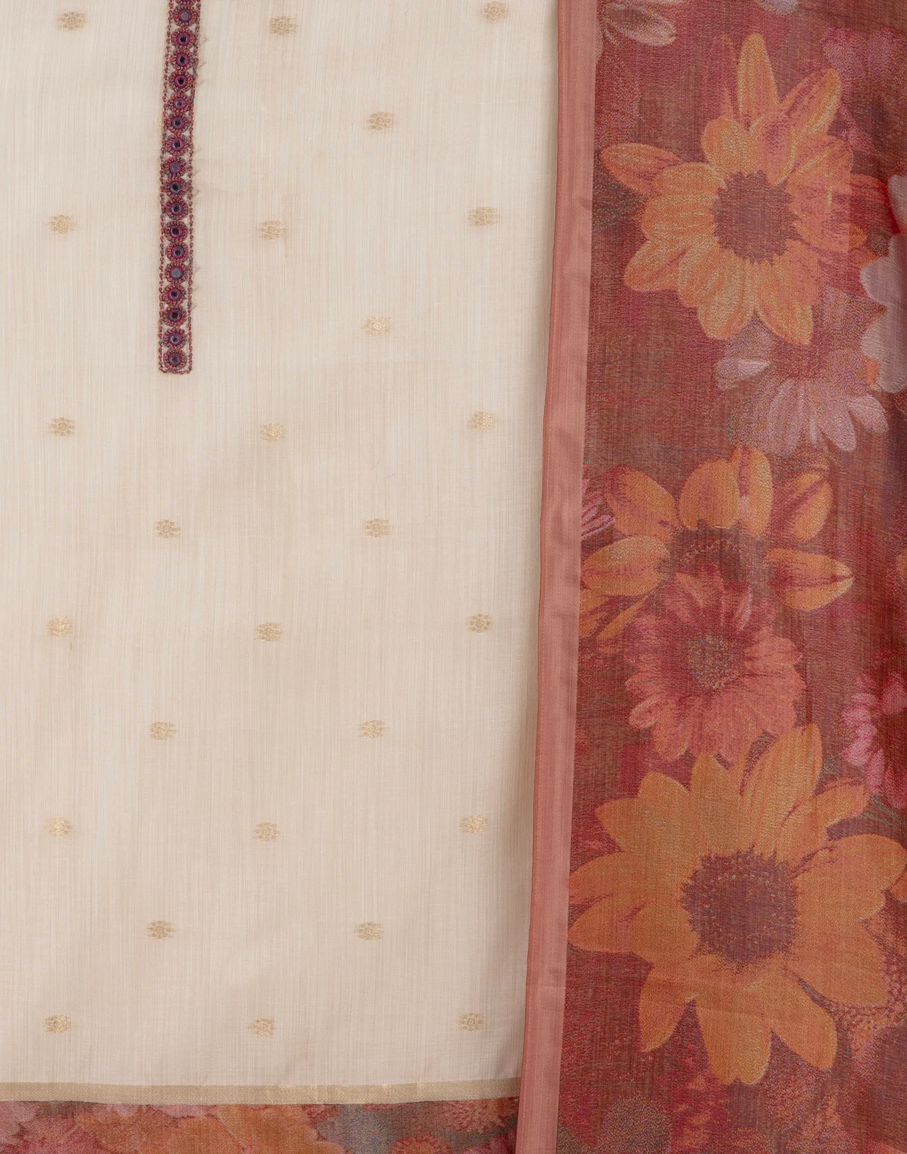 Dusty Beige With Berry Hues Florals Silk Unstitched Suit Set - Image 3