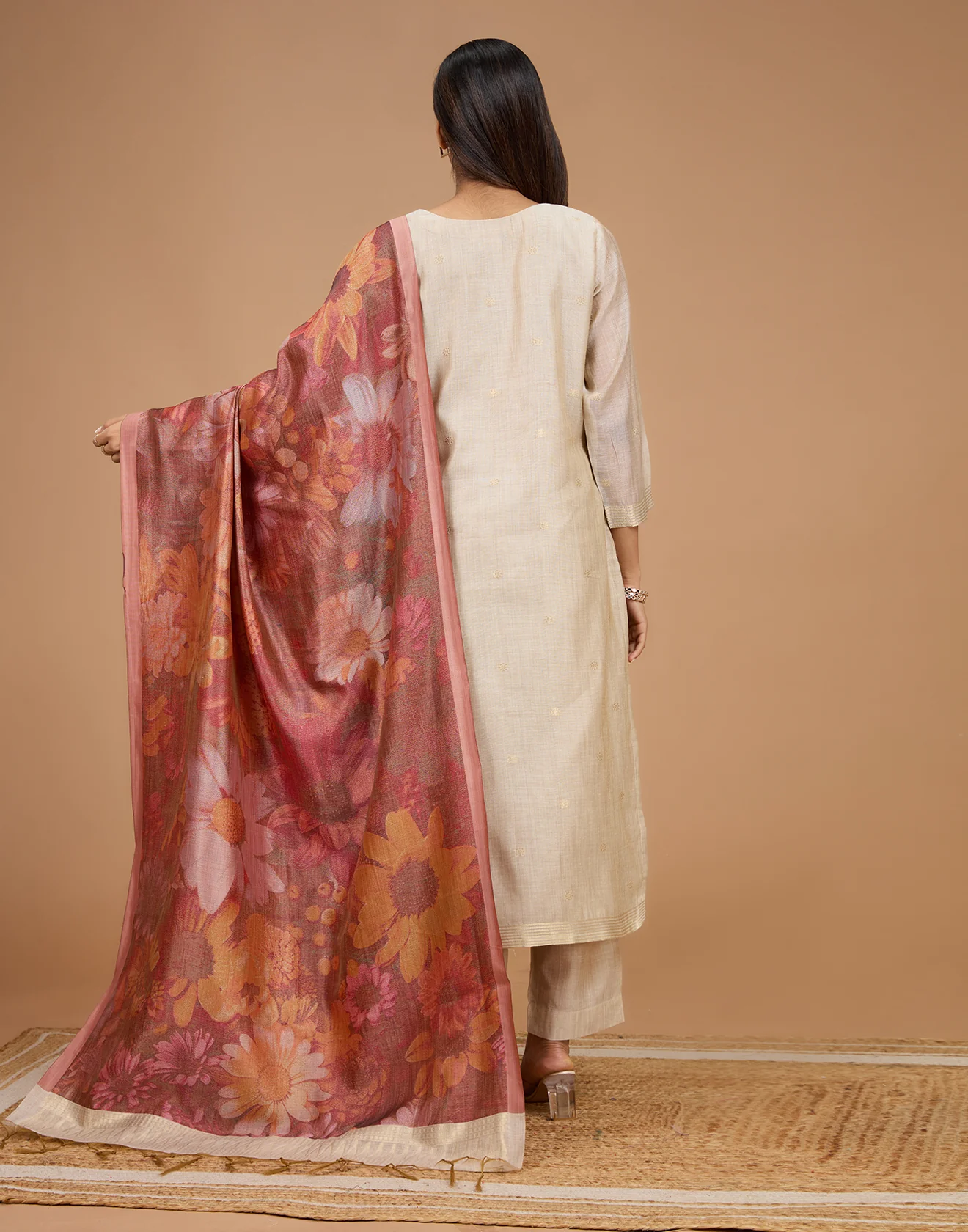 Dusty Beige With Berry Hues Florals Silk Unstitched Suit Set - Image 6