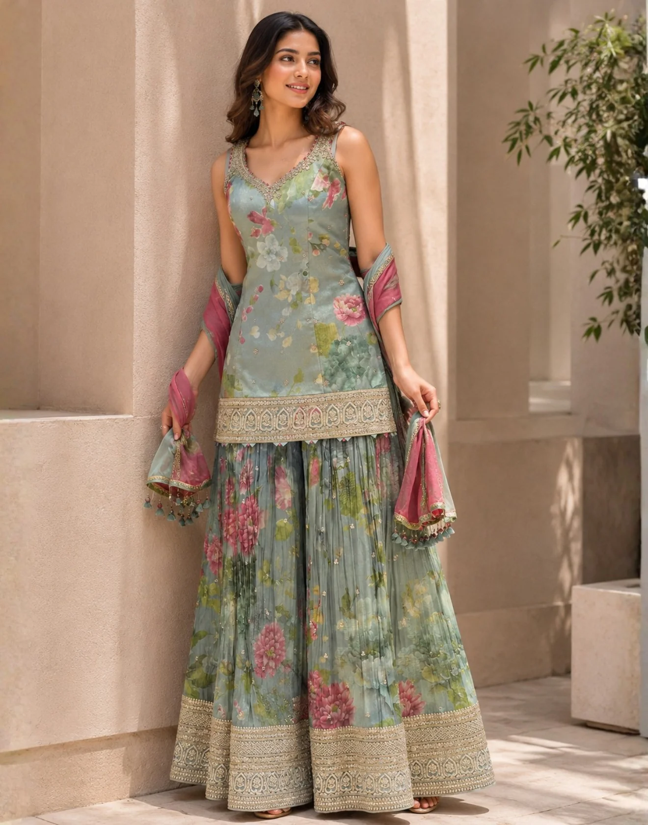 Dusty Green With Multihue Floral Printed Festive Gharara Set